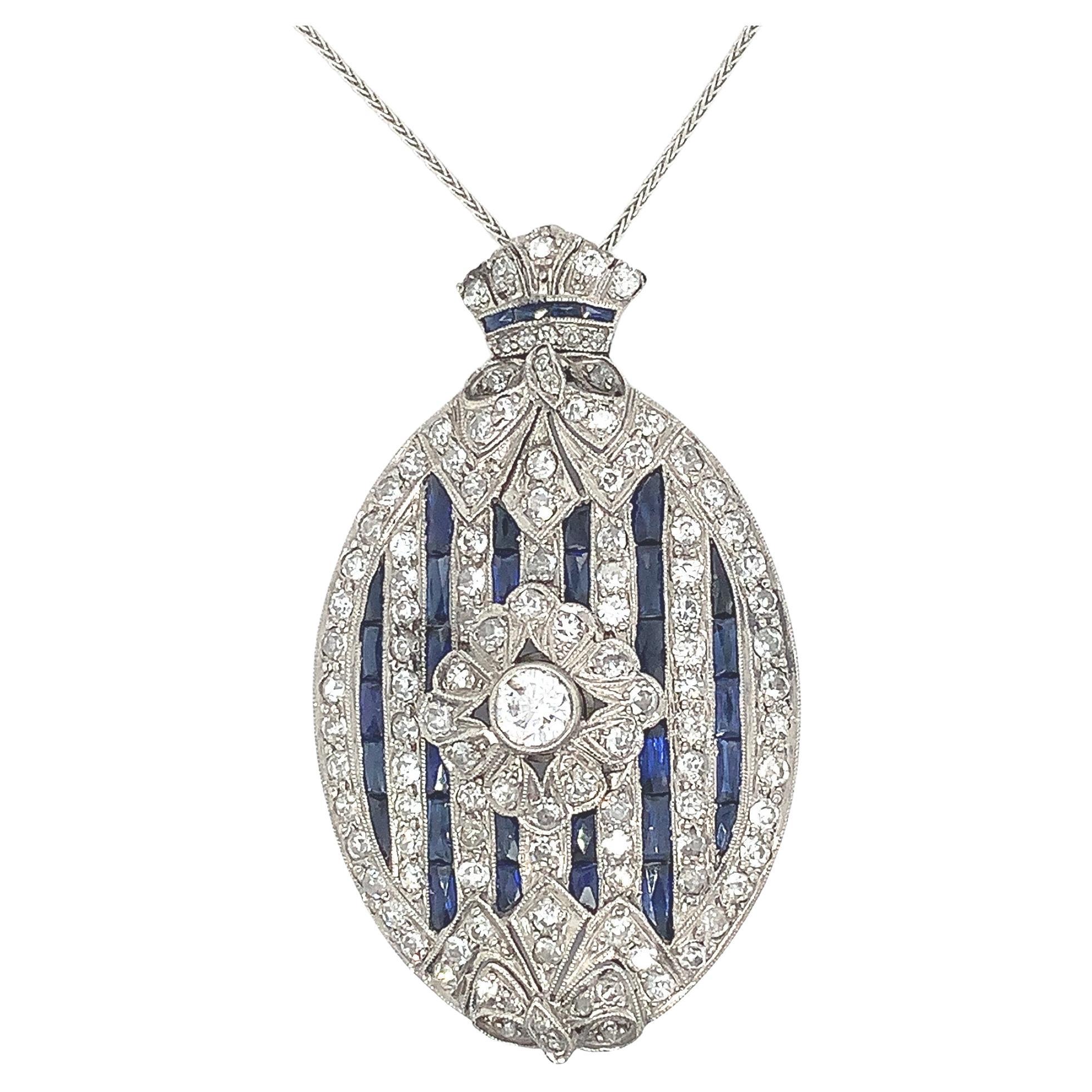 Platinum 2 carat Diamond and Sapphire Art Deco Pendant Pin Necklace For Sale
