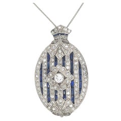 Platinum 2 carat Diamond and Sapphire Art Deco Pendant Pin Necklace