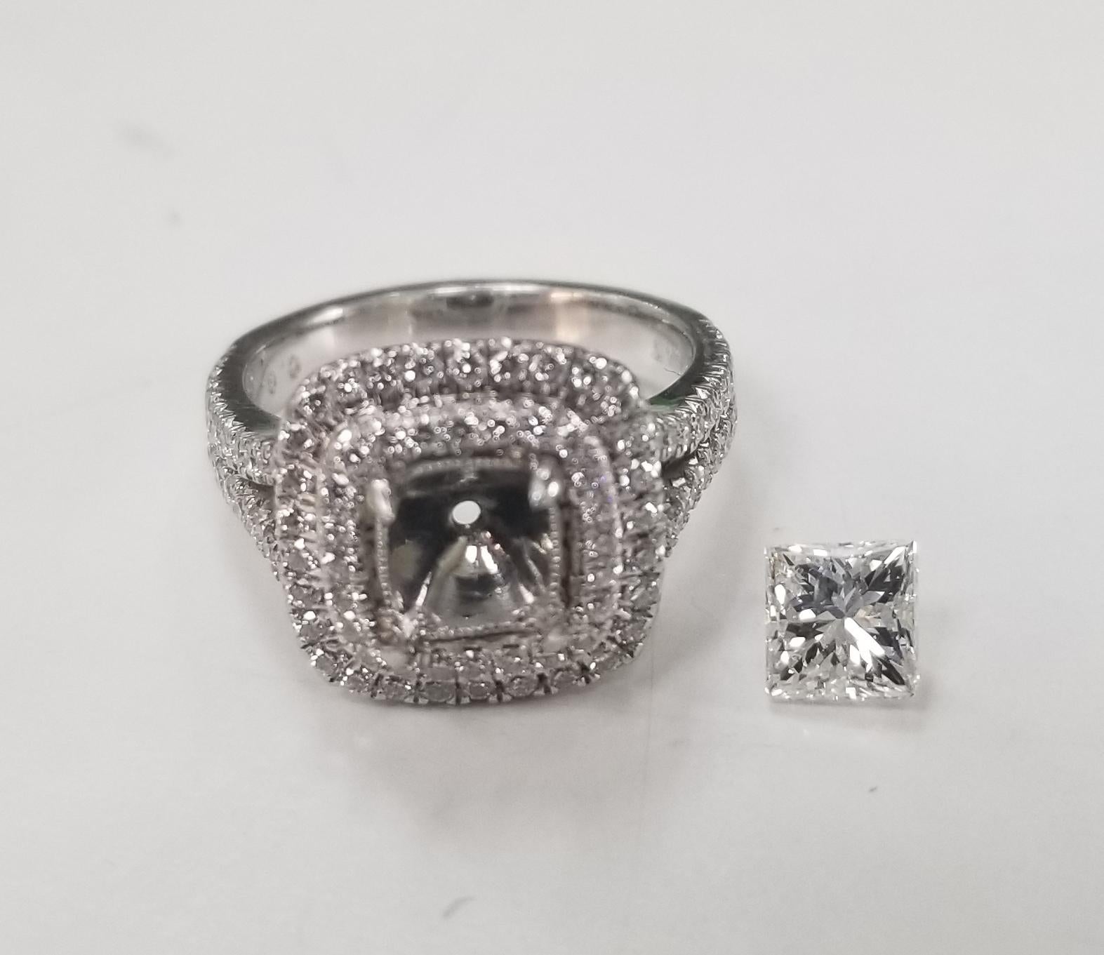 Platinum 2-Row Diamond Pavé Halo with a .72pts Princess cut diamond;
Specifications:
    stone: Princess cut diamond
    quality: color 