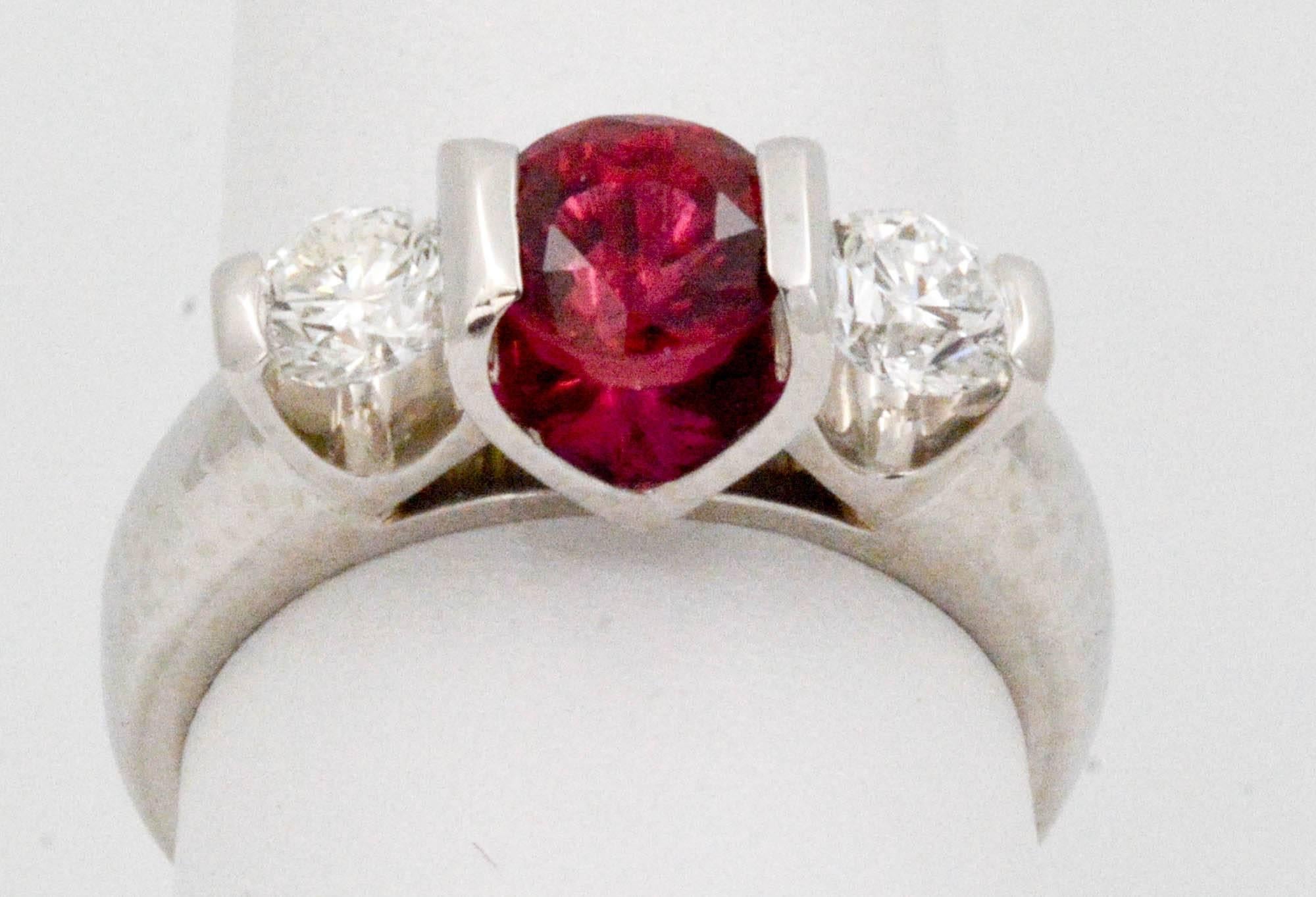 Modern Platinum 2.00 Thailand Ruby Carat Diamond Three-Stone Ring