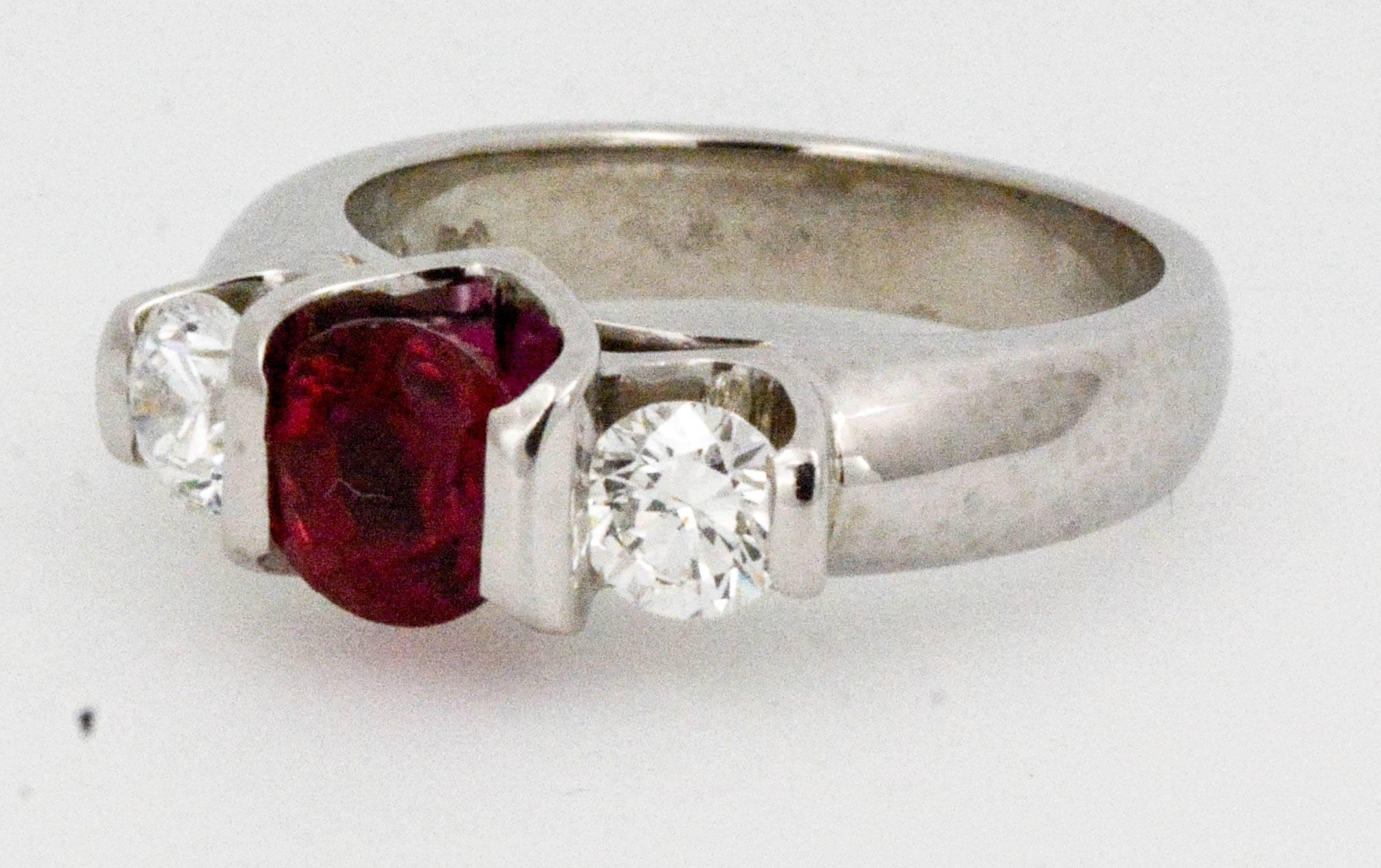 Round Cut Platinum 2.00 Thailand Ruby Carat Diamond Three-Stone Ring
