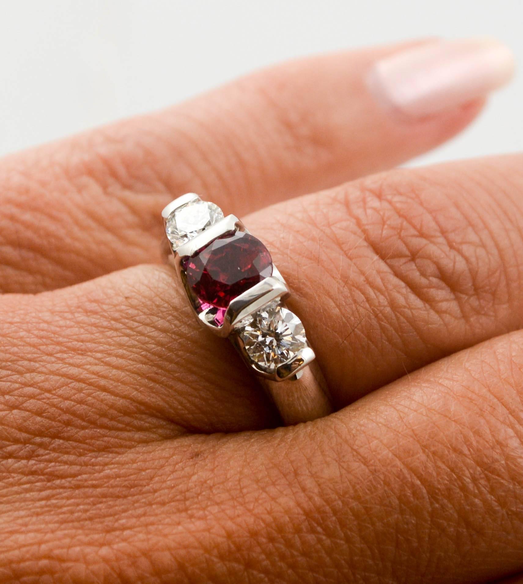 Platinum 2.00 Thailand Ruby Carat Diamond Three-Stone Ring In Excellent Condition In Dallas, TX