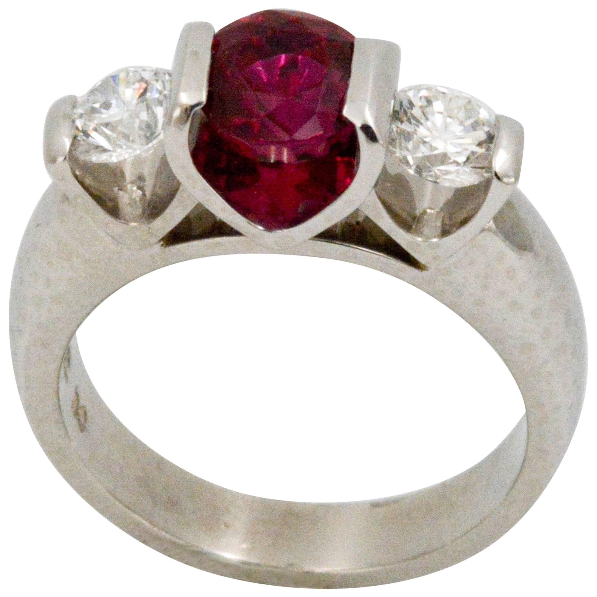 Platinum 2.00 Thailand Ruby Carat Diamond Three-Stone Ring