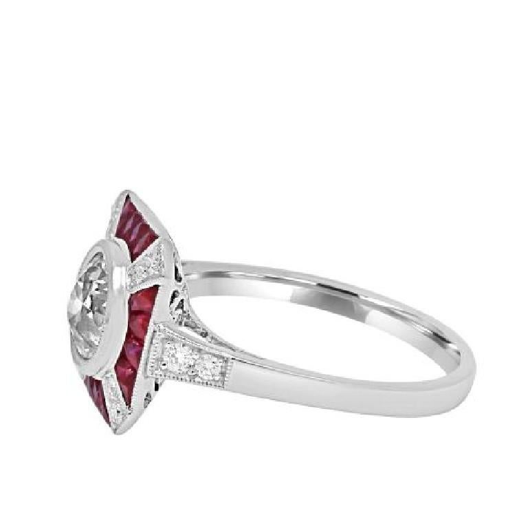 Sophia D. Art Deco 1.07 Carat Center Round Diamond and Ruby Ring in Platinum In New Condition For Sale In New York, NY