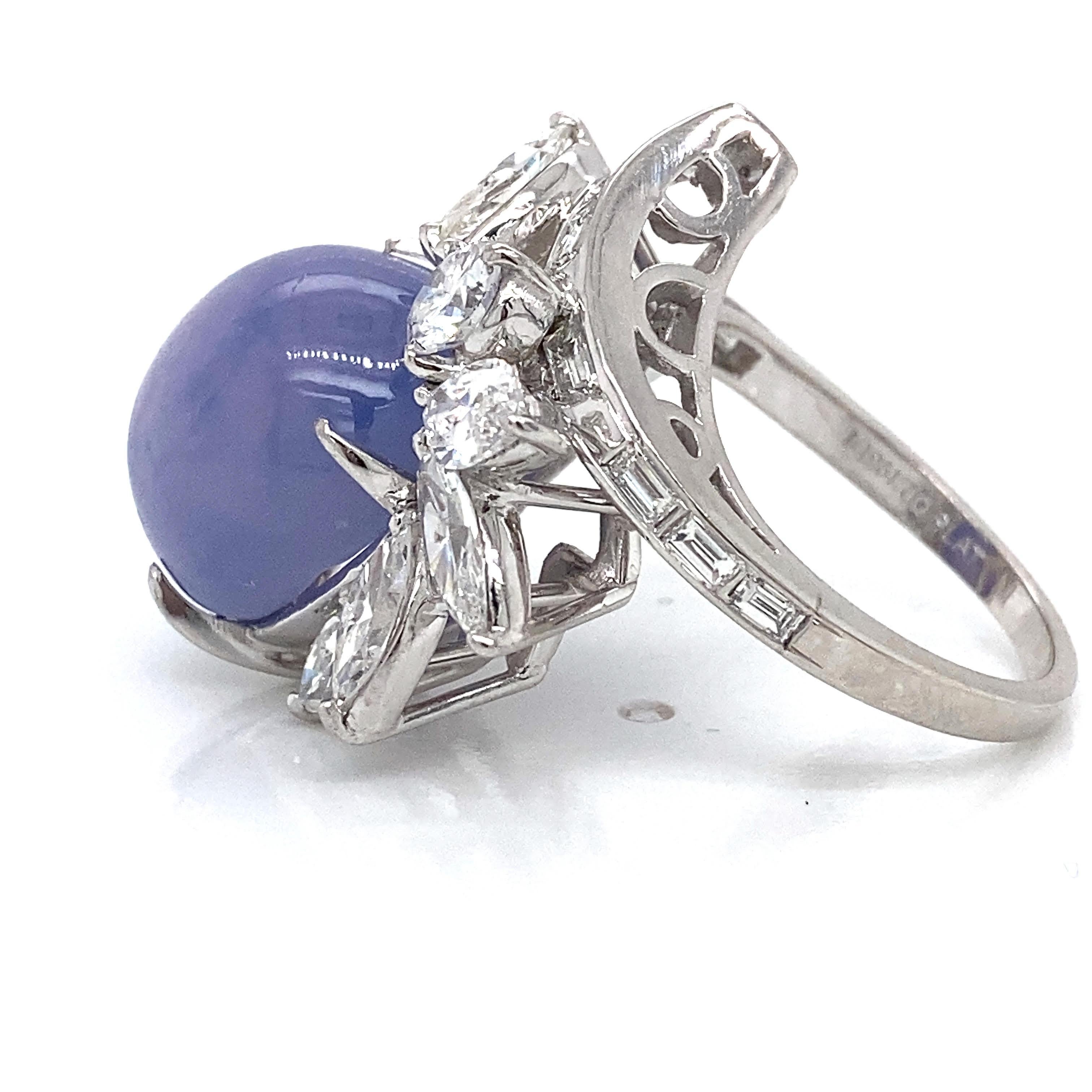 Lady's Platinum Ring 20.28Ct Cabochon Star Sapphire unheated 
And 2.00Tw Marquis & Baguette Diamonds 
GIA Certificate# 2225014165