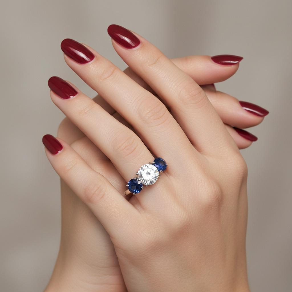 Platinum 2.03 Carat Diamond and Sapphire Three-Stone Ring

A timeless and elegant three-stone ring featuring a dazzling 2.03 carat round brilliant cut natural diamond, graded J color, SI1 clarity. The diamond displays beautiful fire and brilliance,