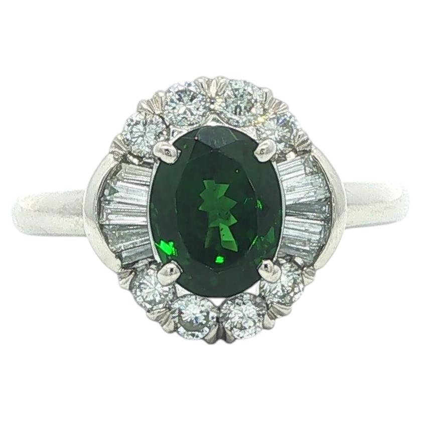 Platinum 2.04ctw Oval Green Tsavorite w/ Diamond Halo Ballerina Flower Ring For Sale