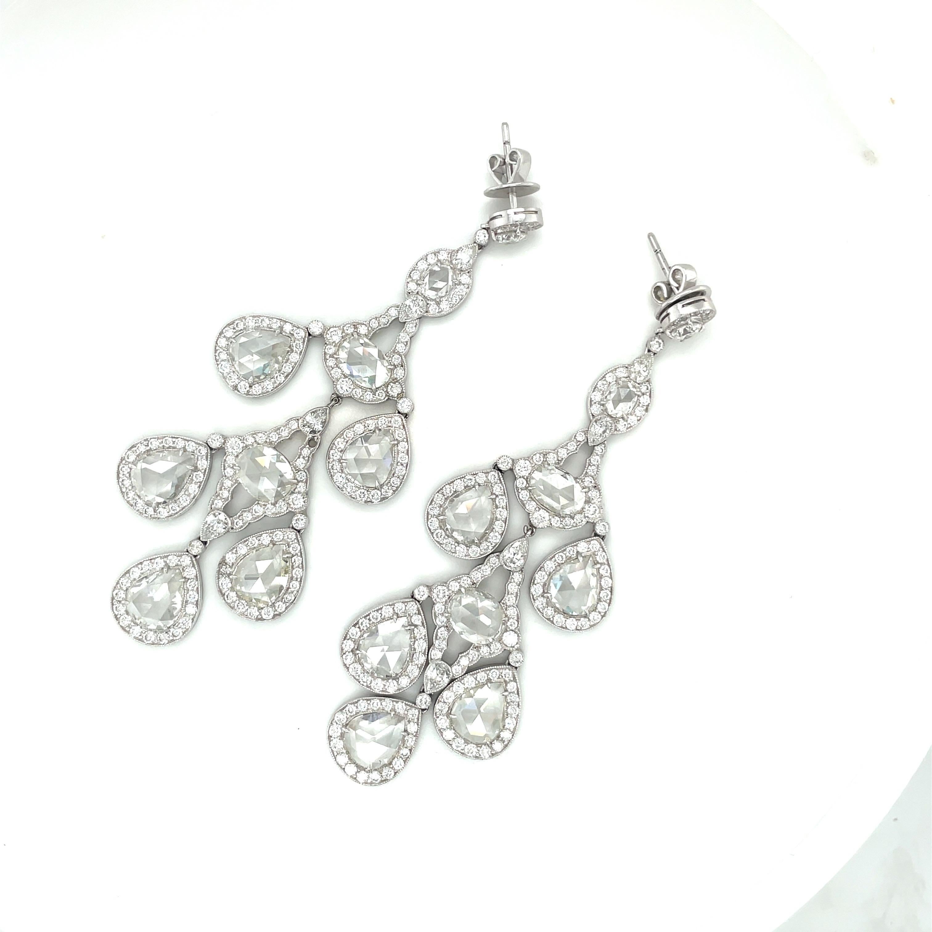 Victorian Platinum 20.54Ct. Diamond Chandelier Earrings w/ Pear and Oval Rose Cut Diamonds For Sale