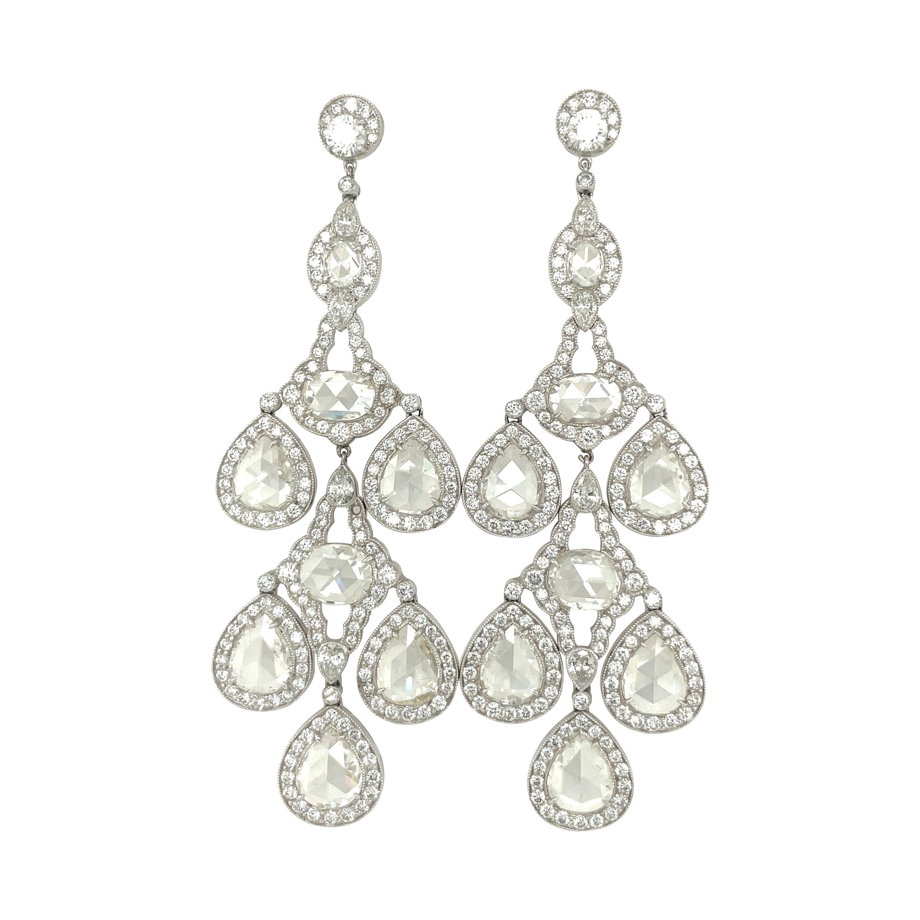 Platinum 20.54Ct. Diamond Chandelier Earrings w/ Pear and Oval Rose Cut Diamonds For Sale