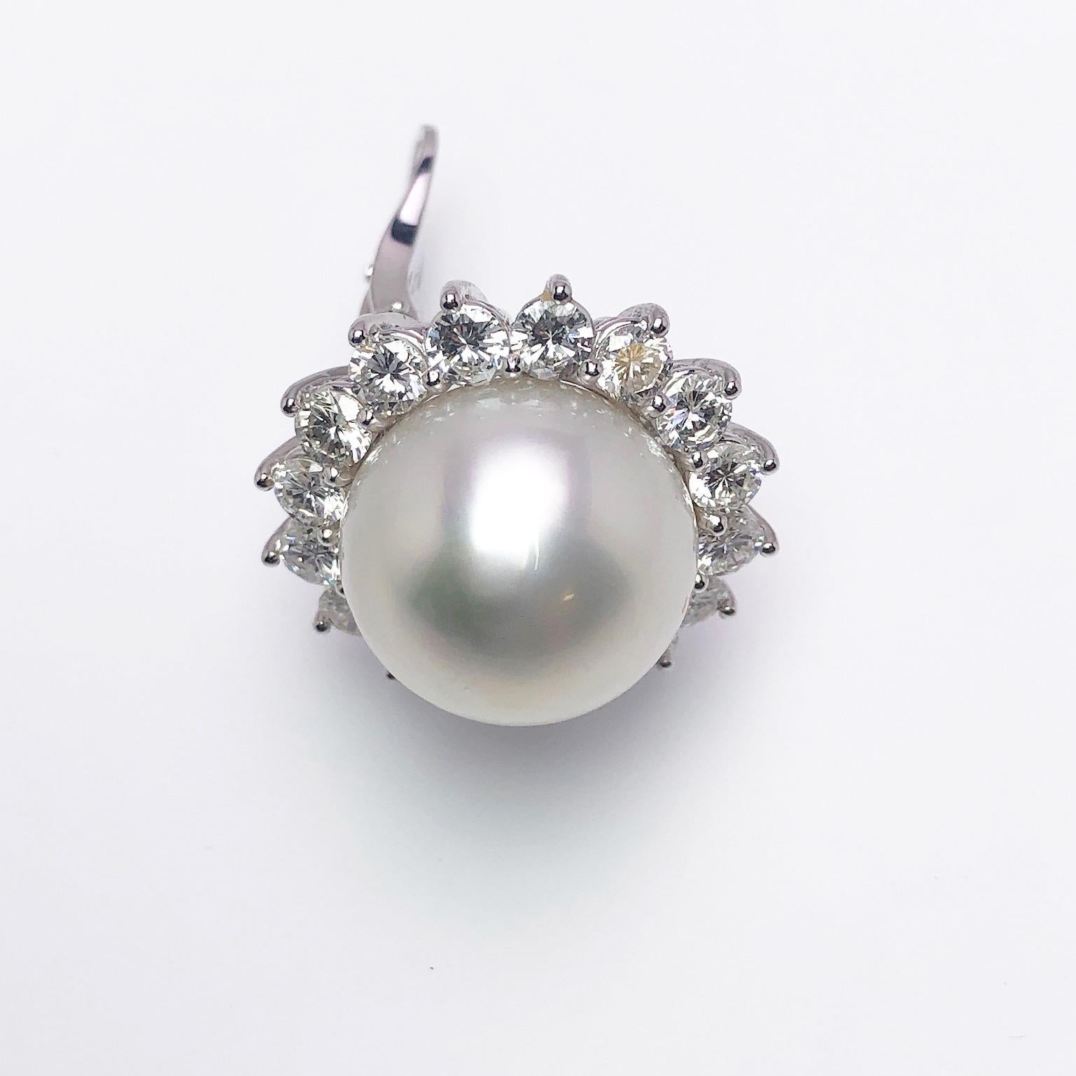 Round Cut Platinum South Sea Pearl and 4.23 Carat Diamond Earrings For Sale