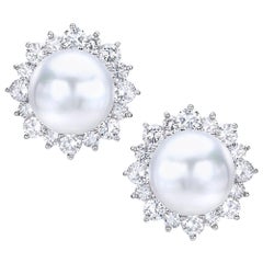 Platinum South Sea Pearl and 4.23 Carat Diamond Earrings