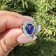 Platinum 2.06ctw Pear Royal Blue Sapphire w/ Diamond Halo V Chevron Ring
