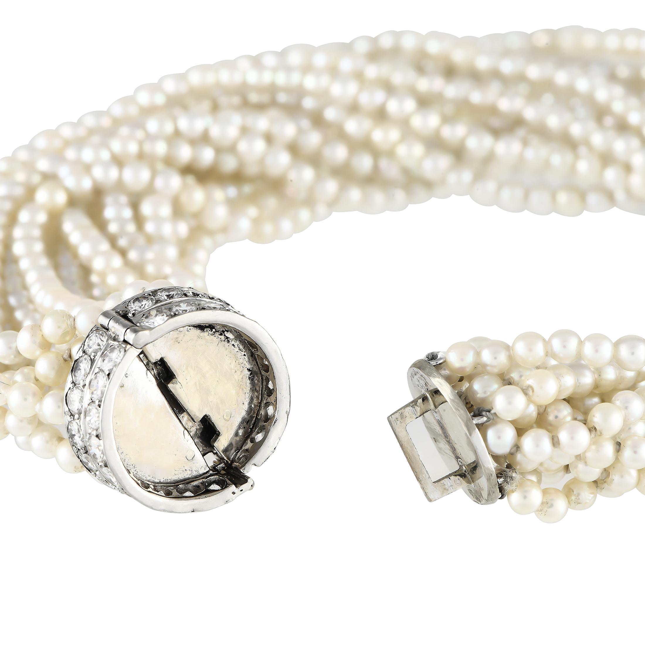 Round Cut Platinum 2.0ct Diamond and Pearl Torsade Bracelet