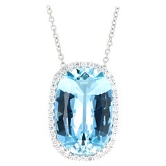 Platinum 21 Carat Santa Maria Blue Aquamarine and Diamond Halo Pendant Necklace