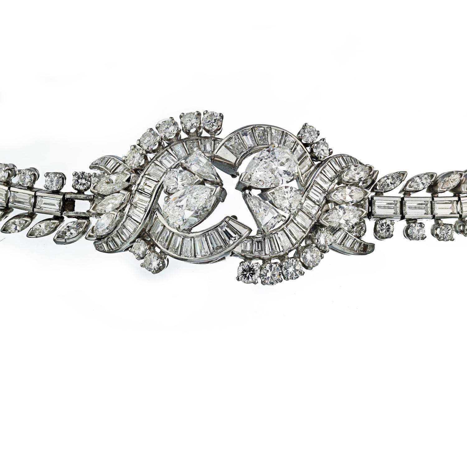 Platin 21.00 cttw Vintage-Armband aus Platin mit Diamanten im Birnen-, Marquise- und Baguetteschliff (Tropfenschliff) im Angebot