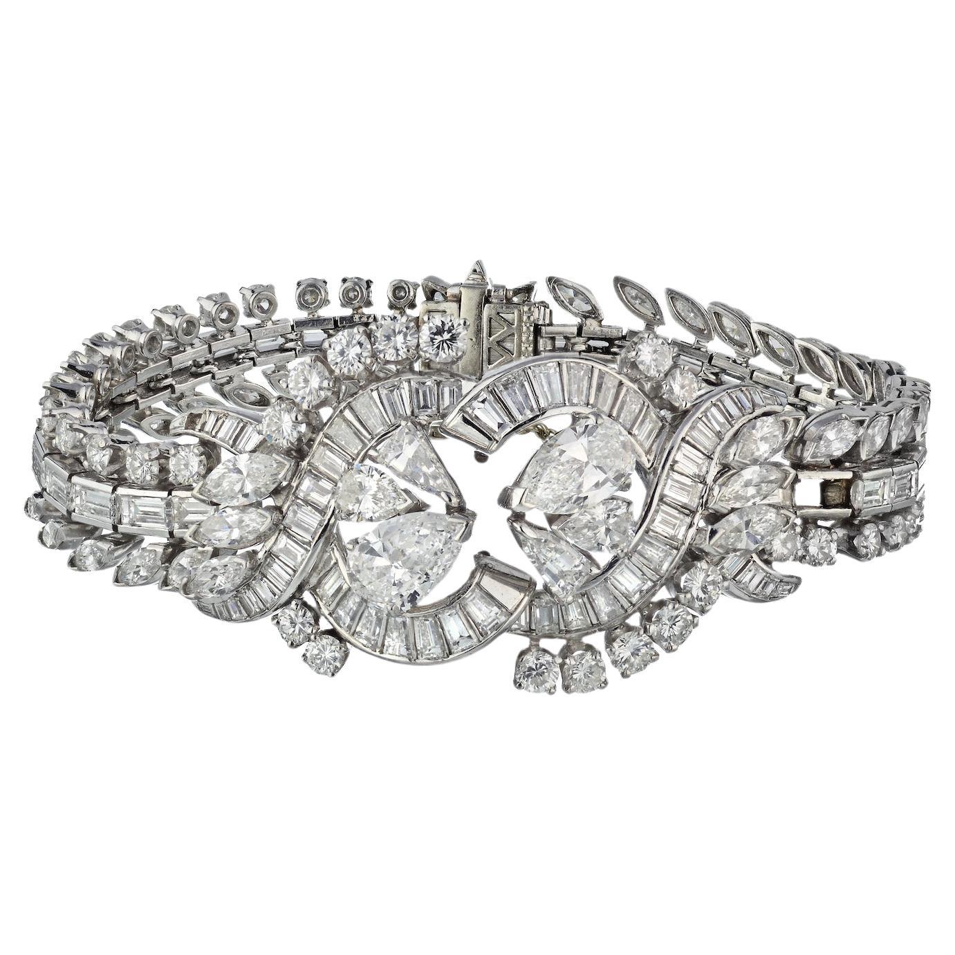 Platinum 21.00 cttw Pear, Marquise And Baguette Cut Diamond Vintage Bracelet For Sale