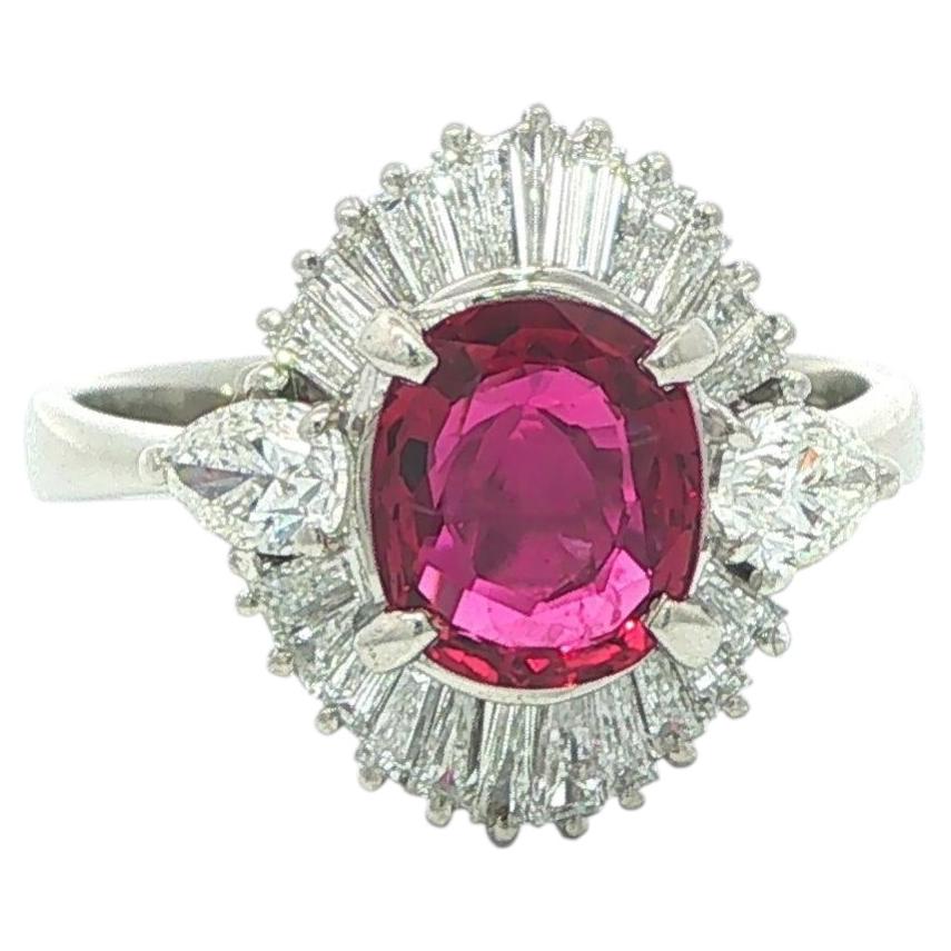 Platinum 2.13ctw GIA Spready Oval Vivid Red Ruby & Pear Baguette Diamond Ring