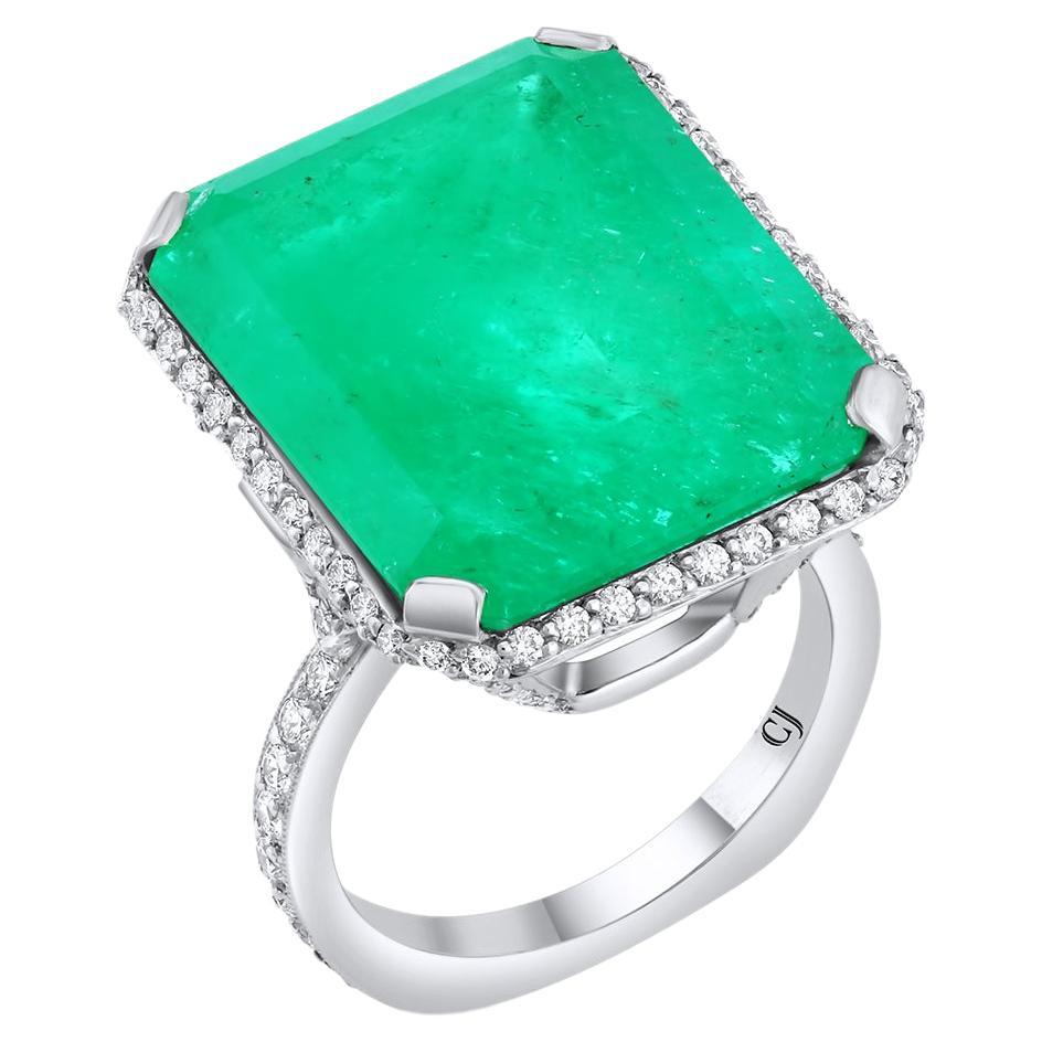 Platinum 21.49 Carat Colombia Emerald Cut Emerald Diamond Ring For Sale