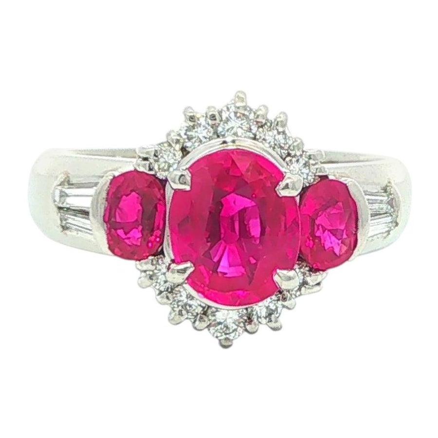 Platinum 2.15ctw GIA Oval Bright Burma Ruby & Round Baguette Diamond Ring
