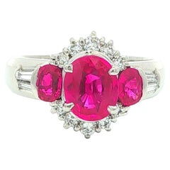 Platinum 2.15ctw GIA Oval Bright Burma Ruby & Round Baguette Diamond Ring
