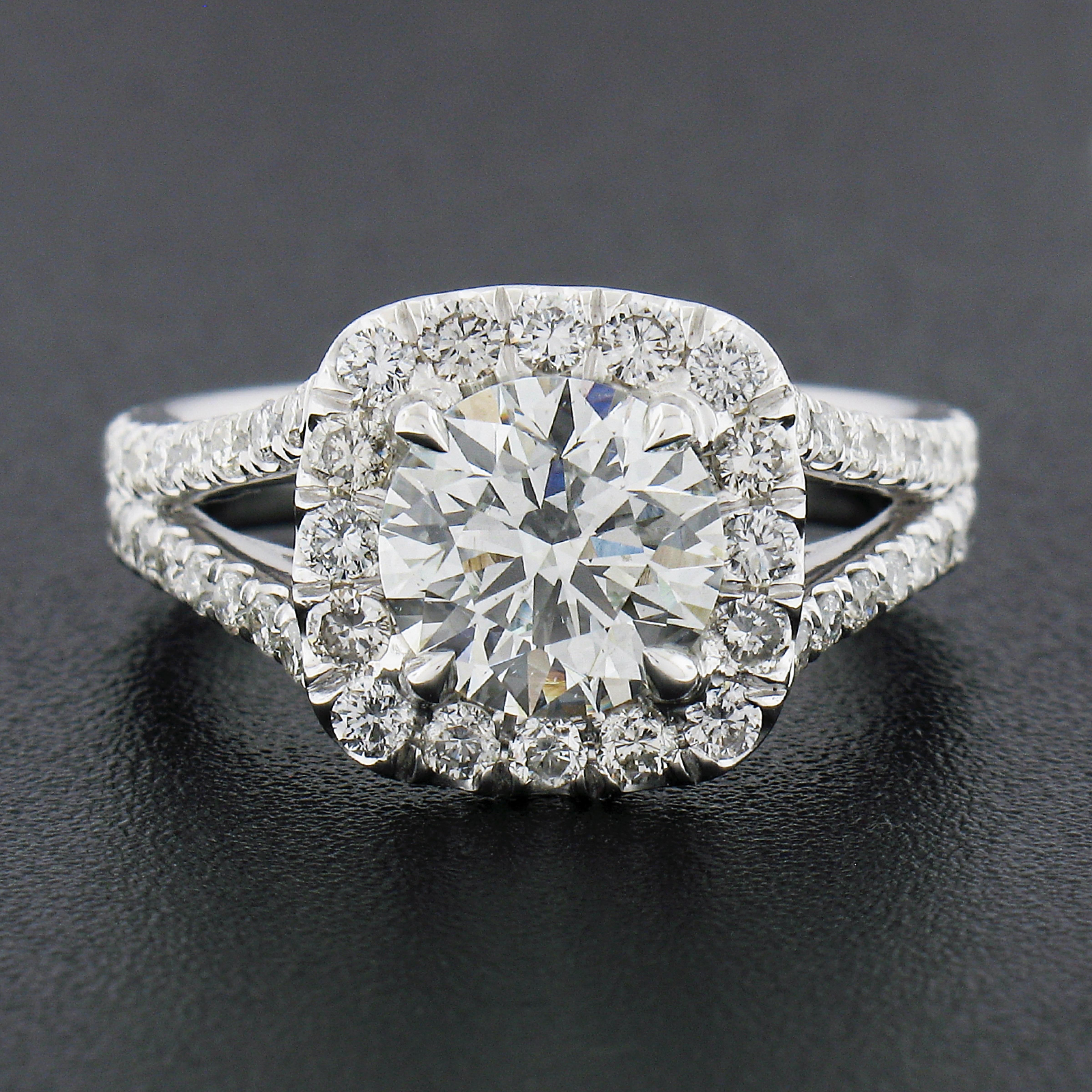 Platinum 2.16ctw GIA Round Brilliant Diamond w/ Halo Split Shank Engagement Ring In Excellent Condition In Montclair, NJ