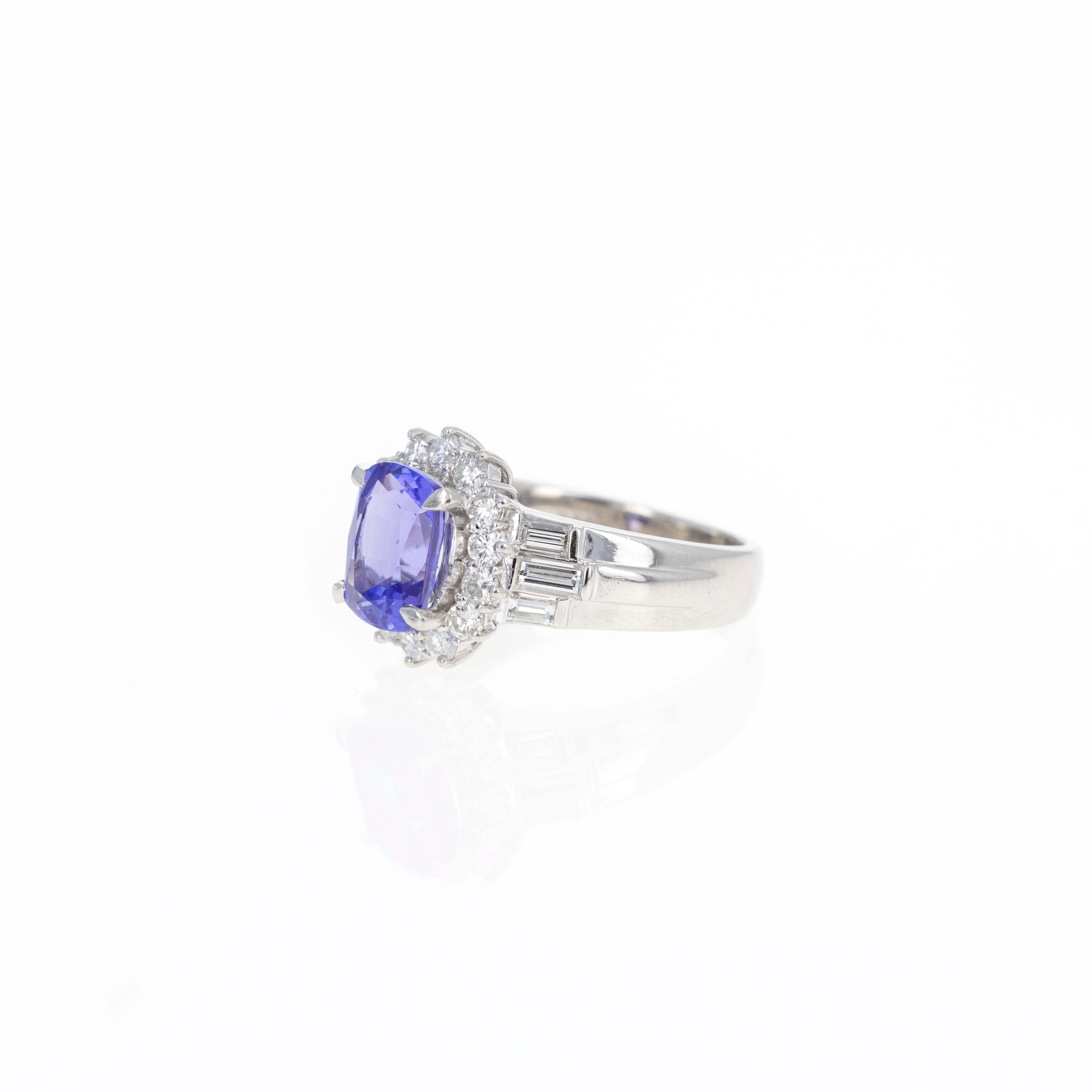 Platinum 2.18 Carat Tanzanite Diamond Halo Ring In Excellent Condition For Sale In Cape May, NJ