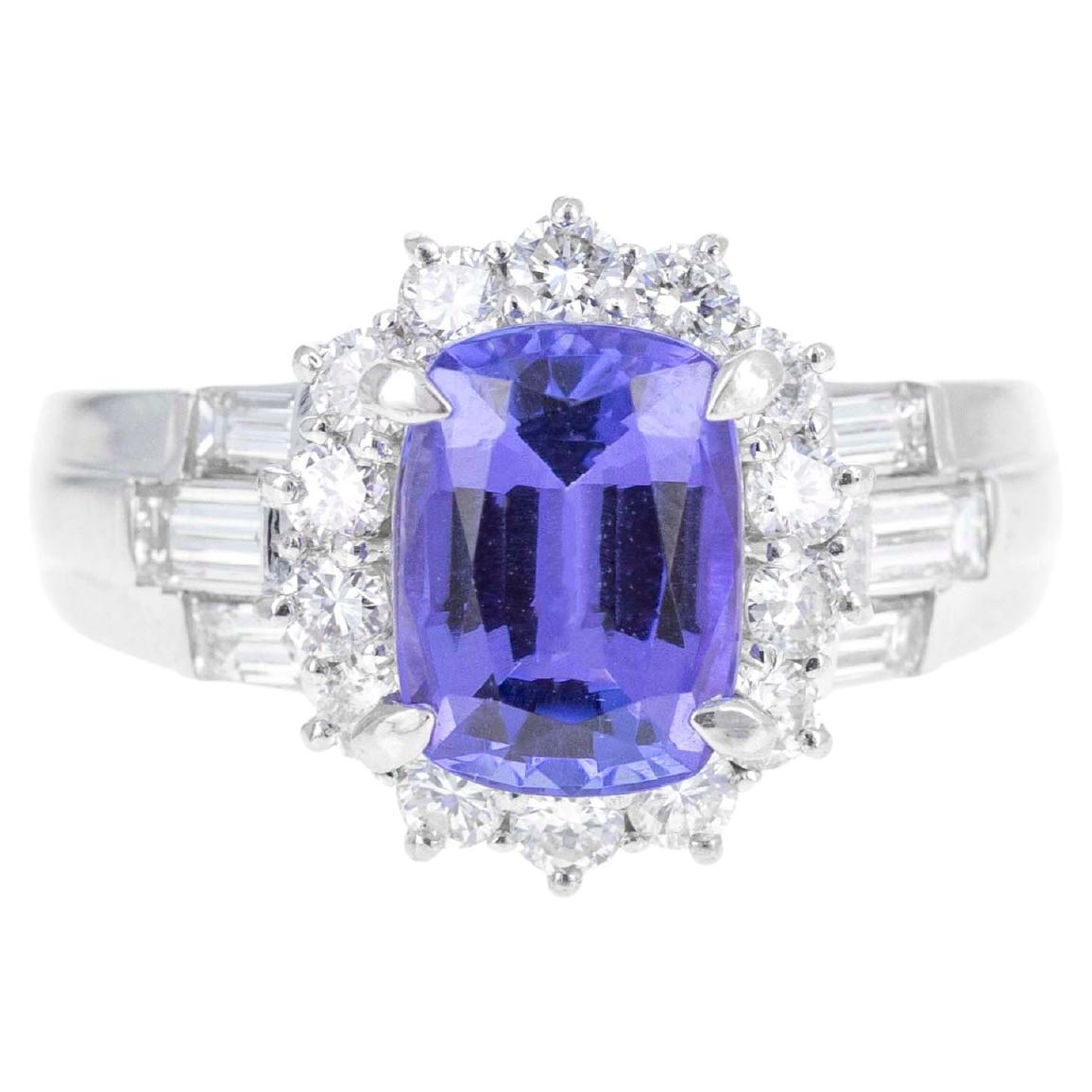Platinum 2.18 Carat Tanzanite Diamond Halo Ring