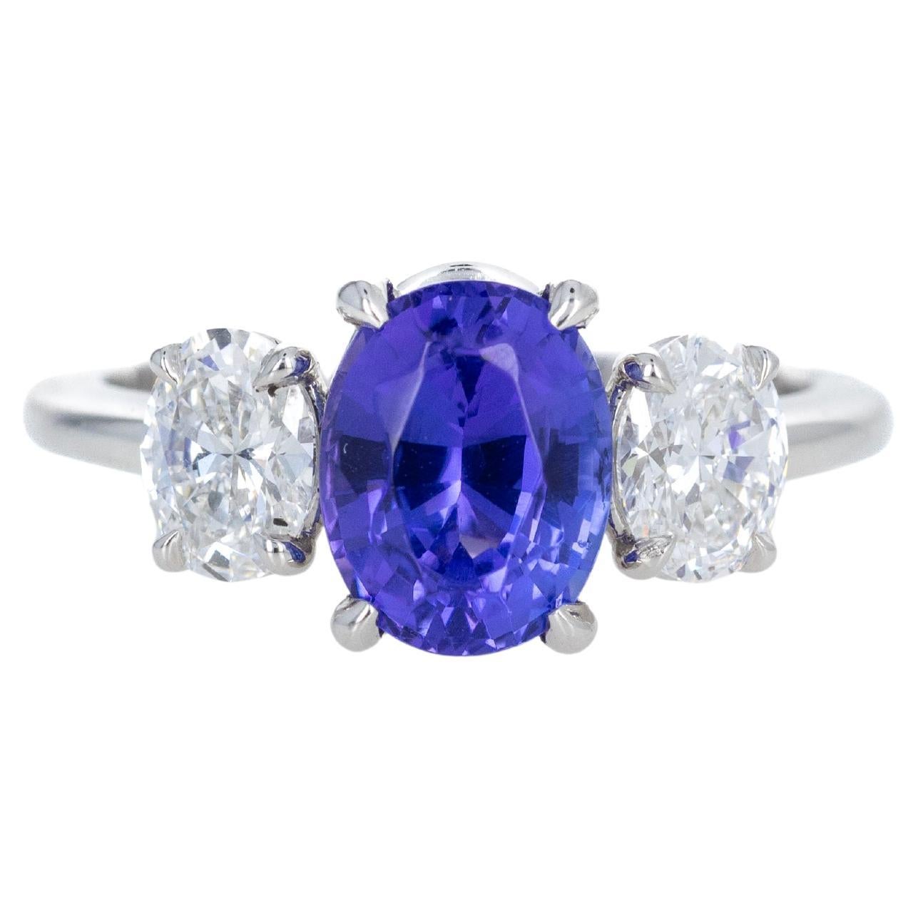 Platinum 2.22 Carat Tanzanite Diamond Oval Three Stone Ring