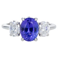 Platinum 2.22 Carat Tanzanite Diamond Oval Three Stone Ring