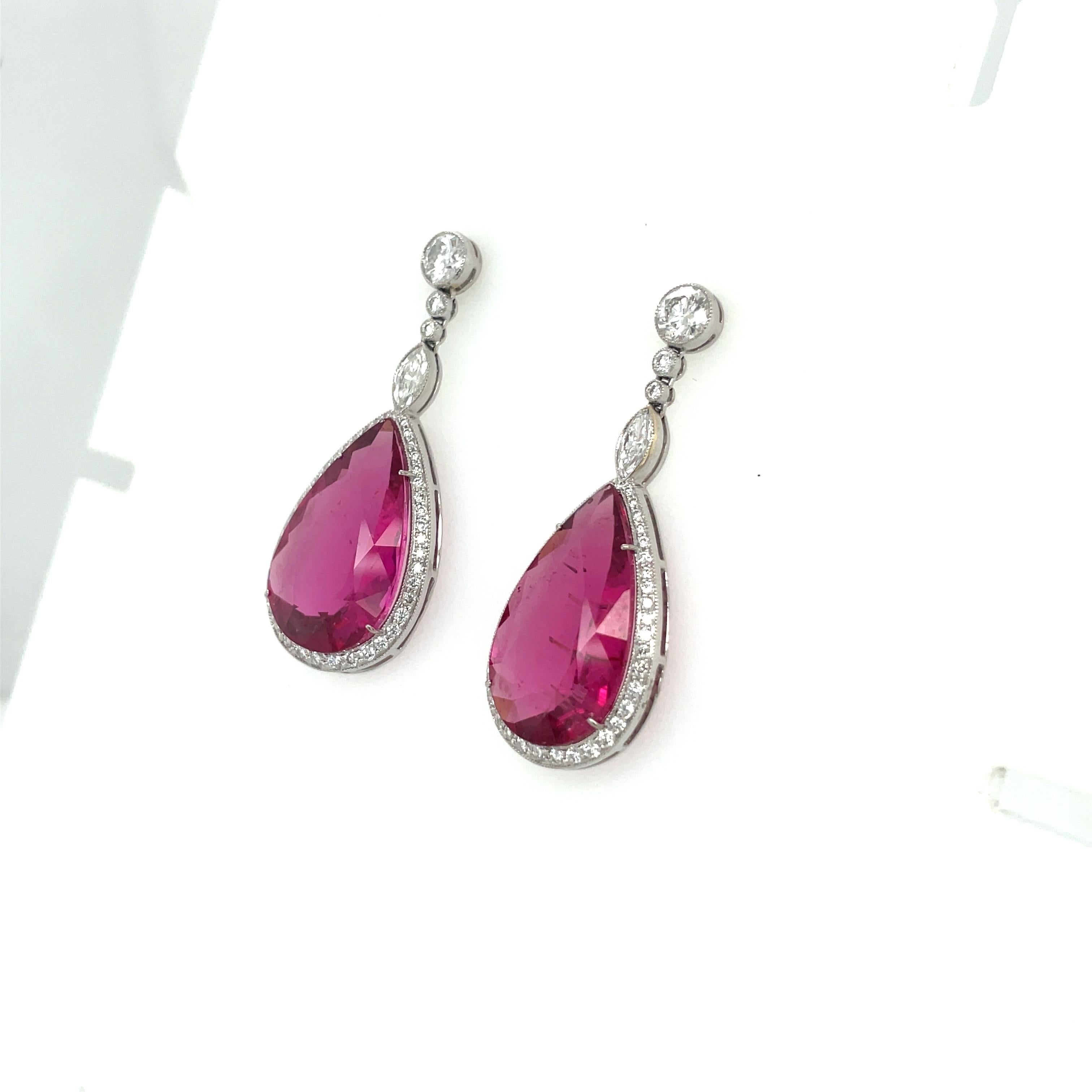 Contemporary Platinum 22.36ct. Pear Shaped Rubellite Drop Earrings with 1.83ct. Diamonds For Sale