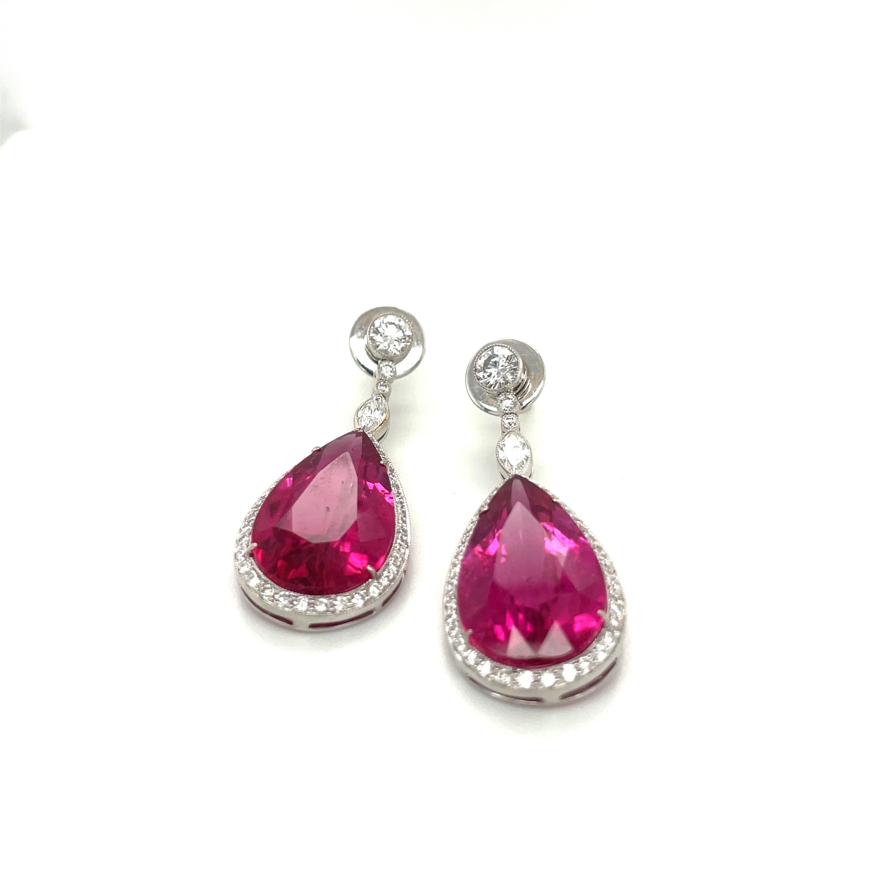 Pear Cut Platinum 22.36ct. Pear Shaped Rubellite Drop Earrings with 1.83ct. Diamonds For Sale