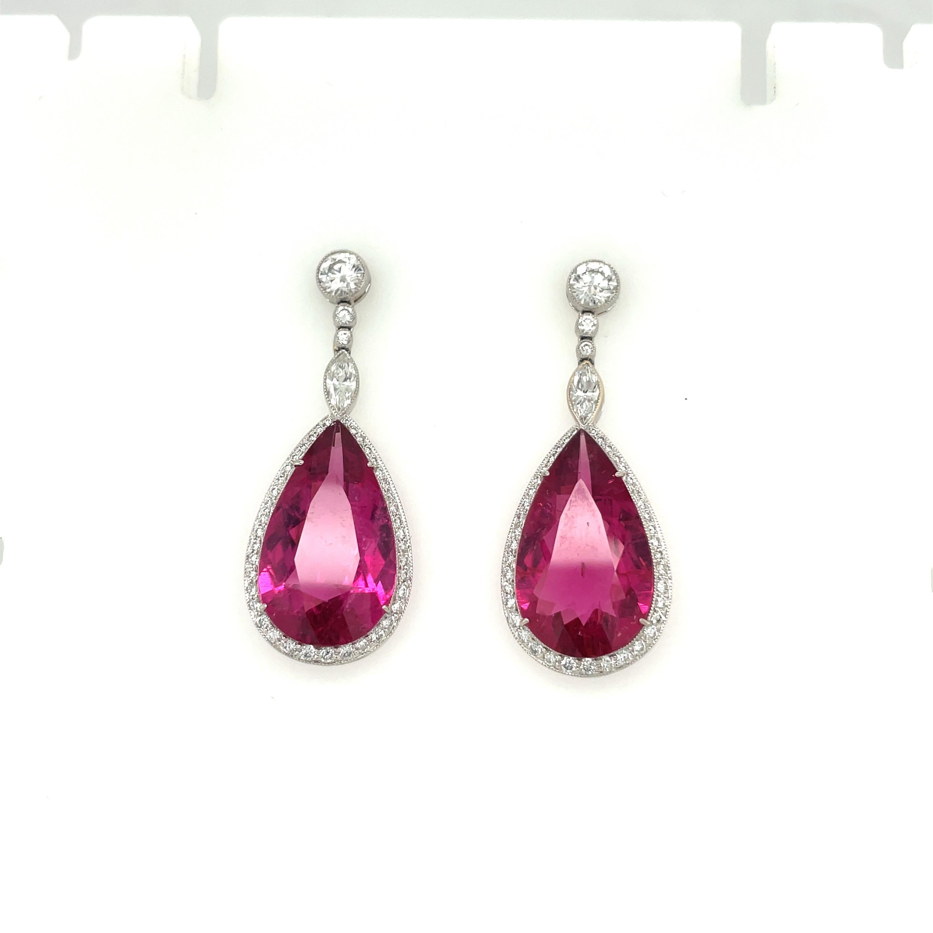Platinum 22.36ct. Pear Shaped Rubellite Drop Earrings with 1.83ct. Diamonds In New Condition For Sale In New York, NY