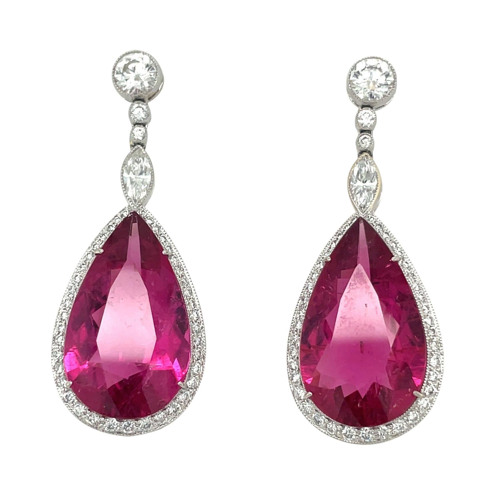 Platinum 22.36ct. Pear Shaped Rubellite Drop Earrings with 1.83ct. Diamonds For Sale