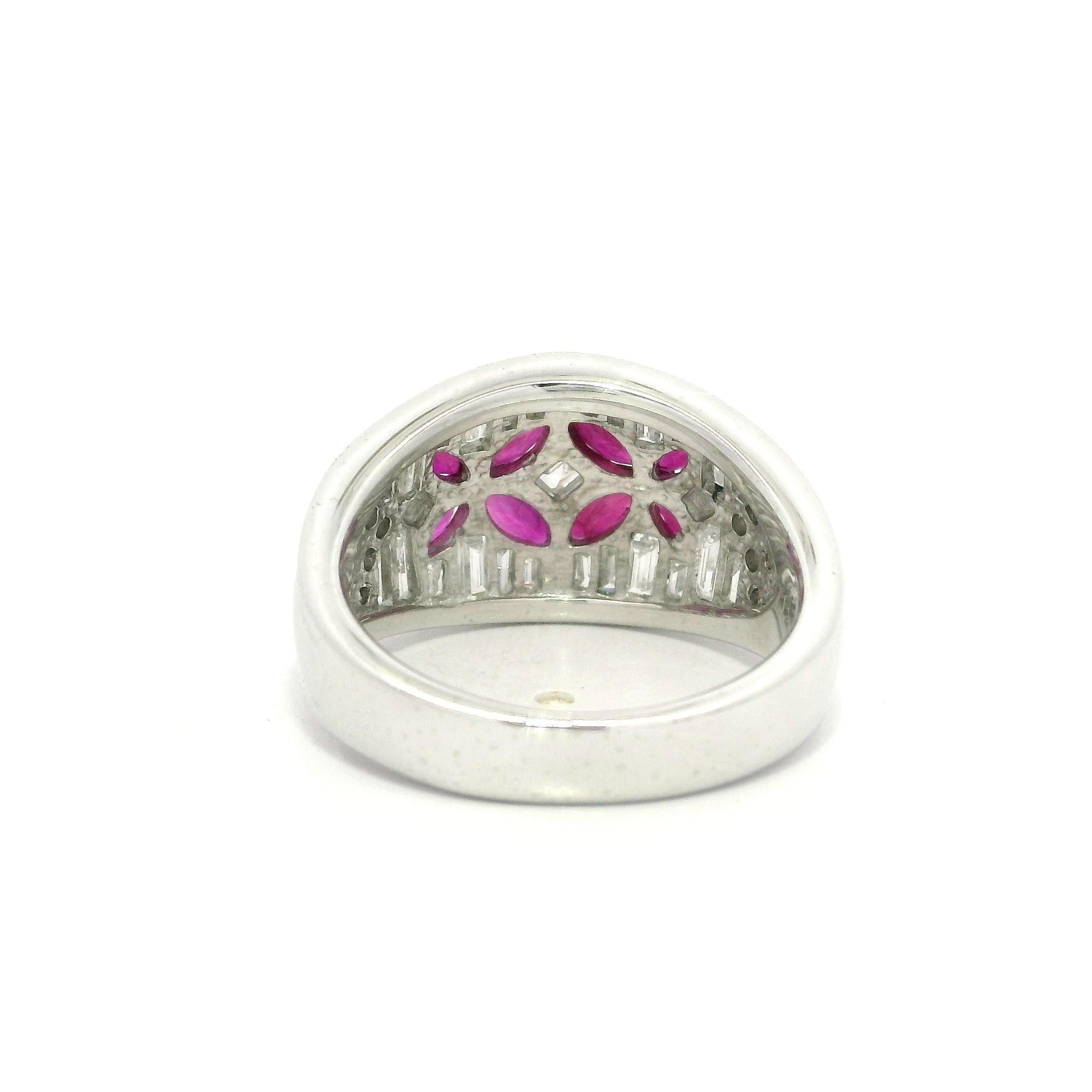 Platinum 2.23ctw Marquise Ruby Baguette Diamond Wide Butterfly Floral Band Ring For Sale 5
