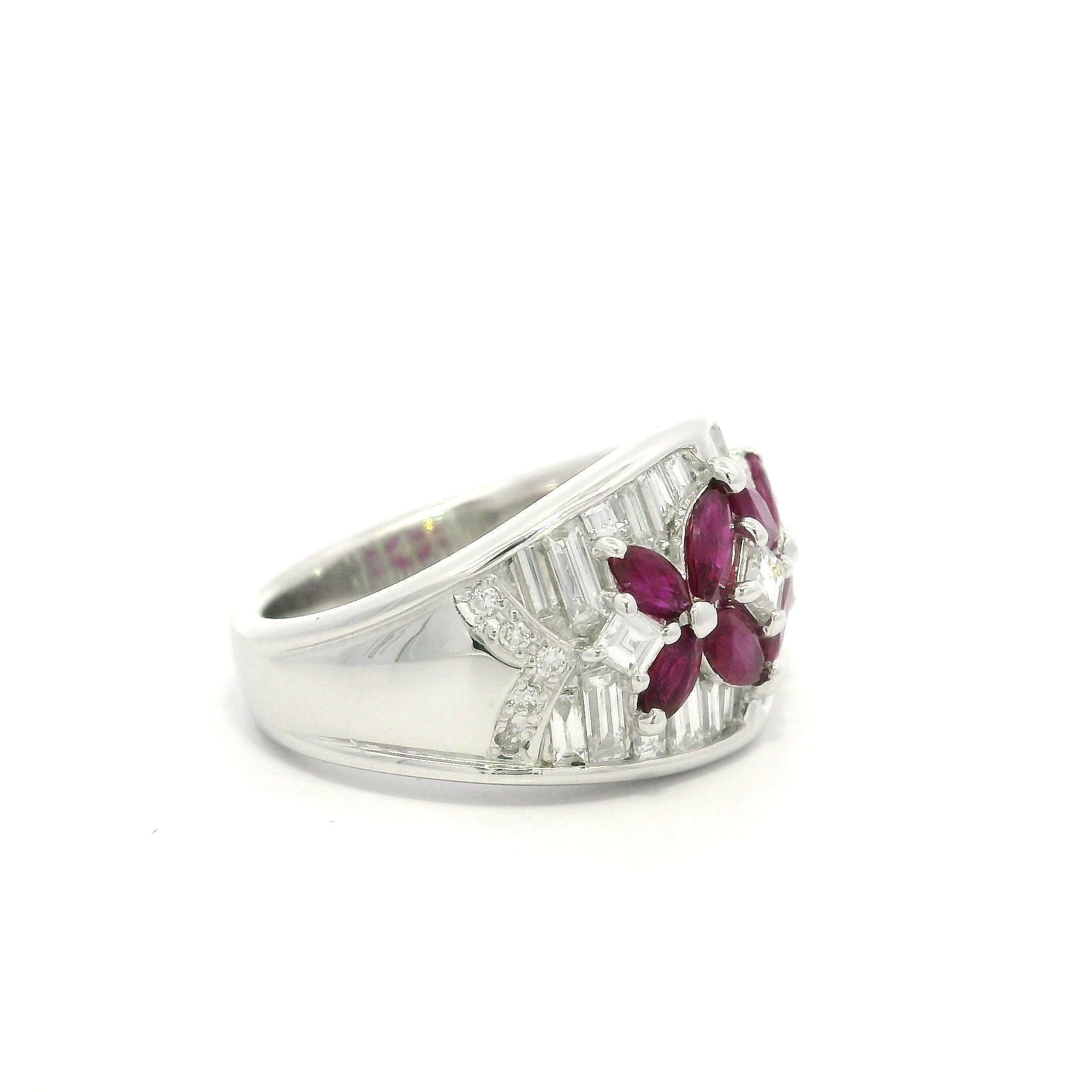 Platinum 2.23ctw Marquise Ruby Baguette Diamond Wide Butterfly Floral Band Ring For Sale 6