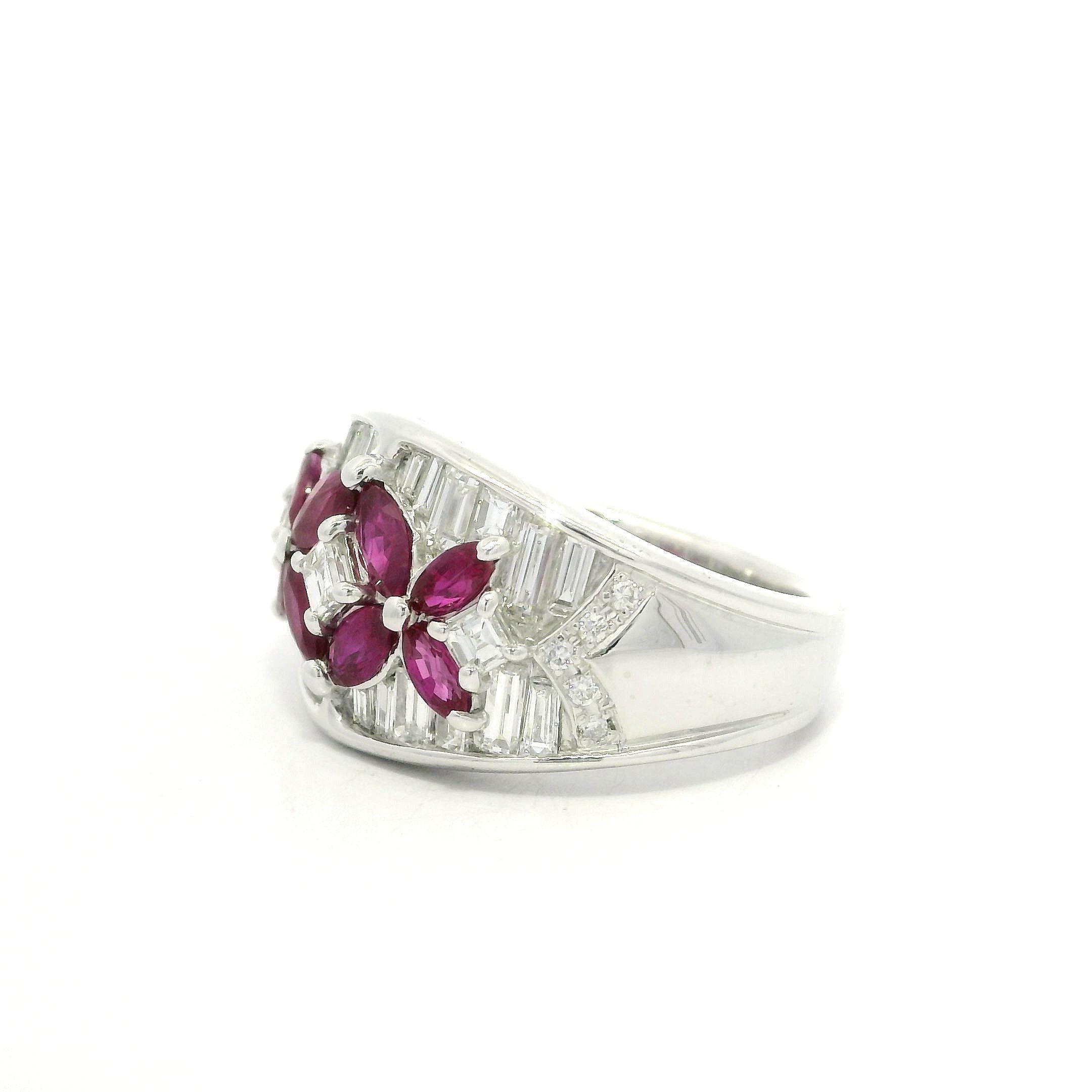 Platinum 2.23ctw Marquise Ruby Baguette Diamond Wide Butterfly Floral Band Ring For Sale 7