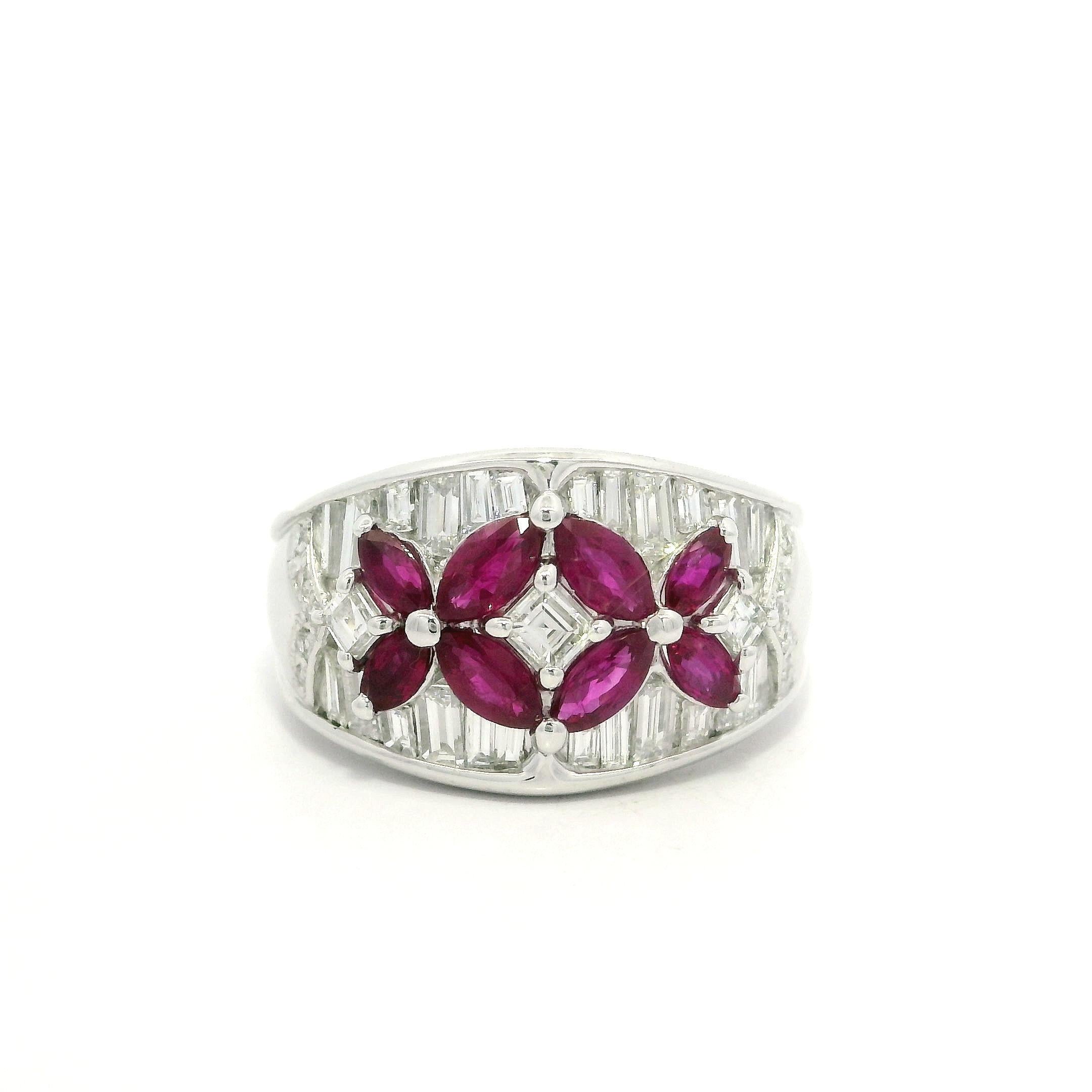 Platinum 2.23ctw Marquise Ruby Baguette Diamond Wide Butterfly Floral Band Ring For Sale 8