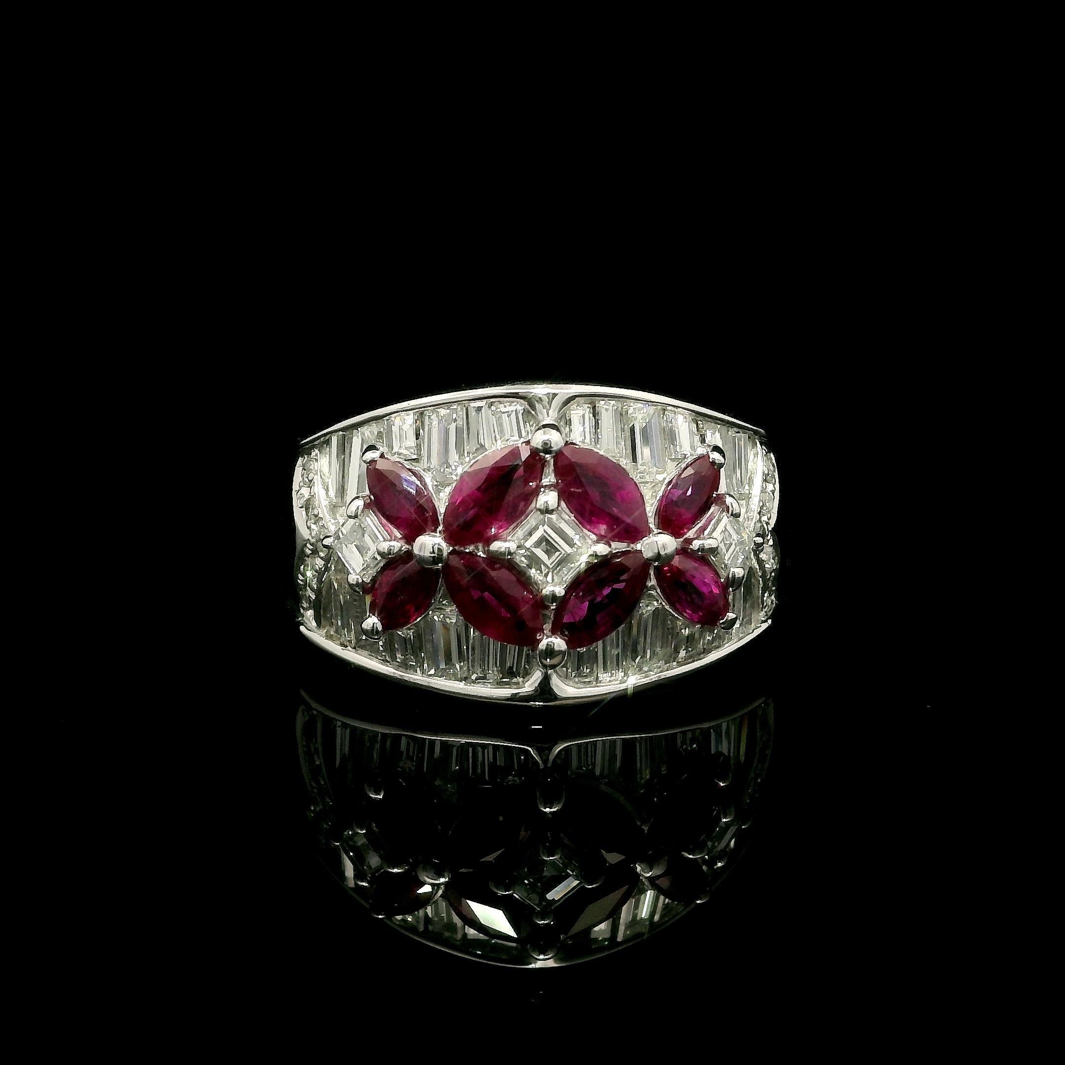 Platinum 2.23ctw Marquise Ruby Baguette Diamond Wide Butterfly Floral Band Ring For Sale 9