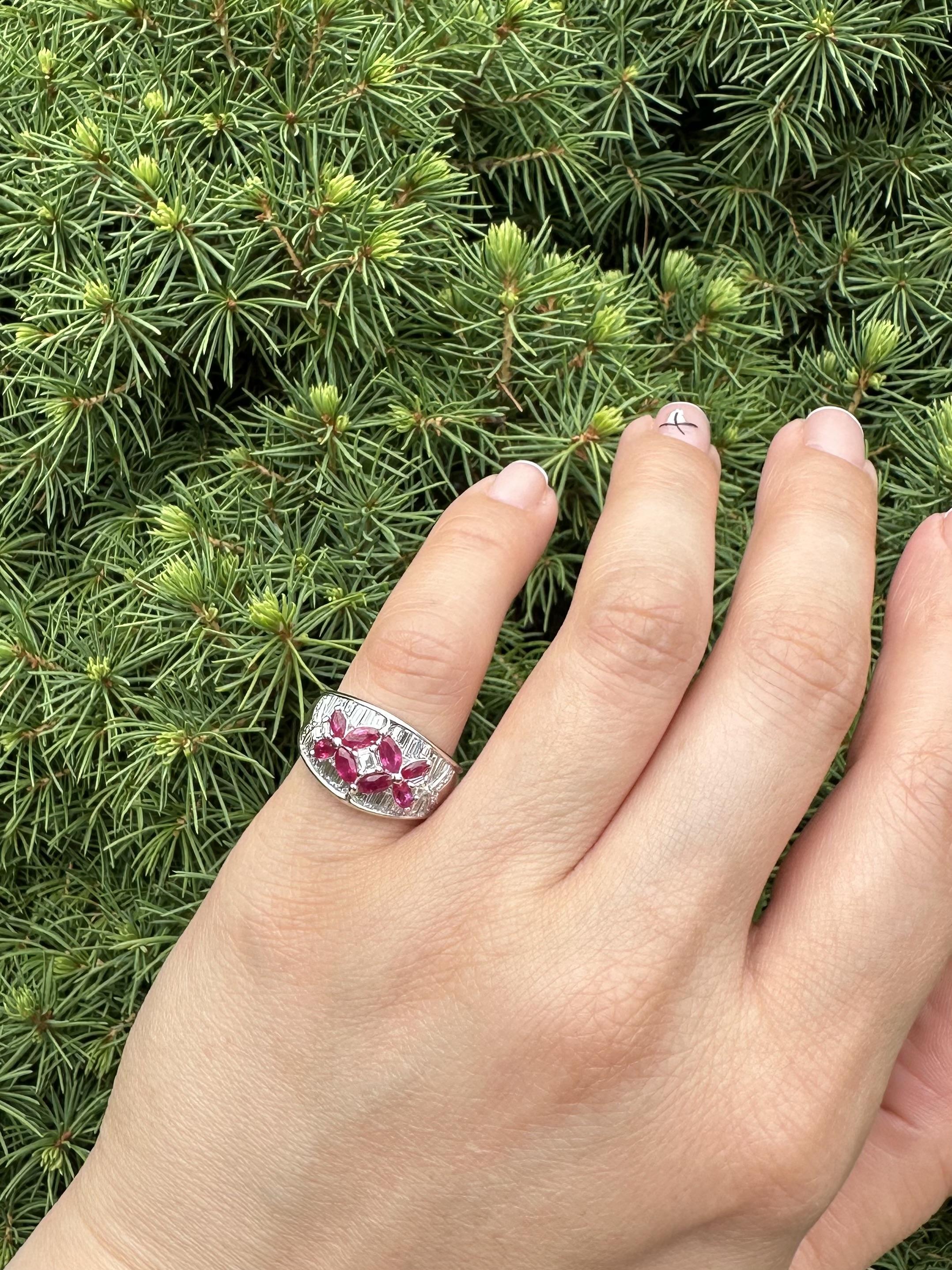 Platinum 2.23ctw Marquise Ruby Baguette Diamond Wide Butterfly Floral Band Ring For Sale 10
