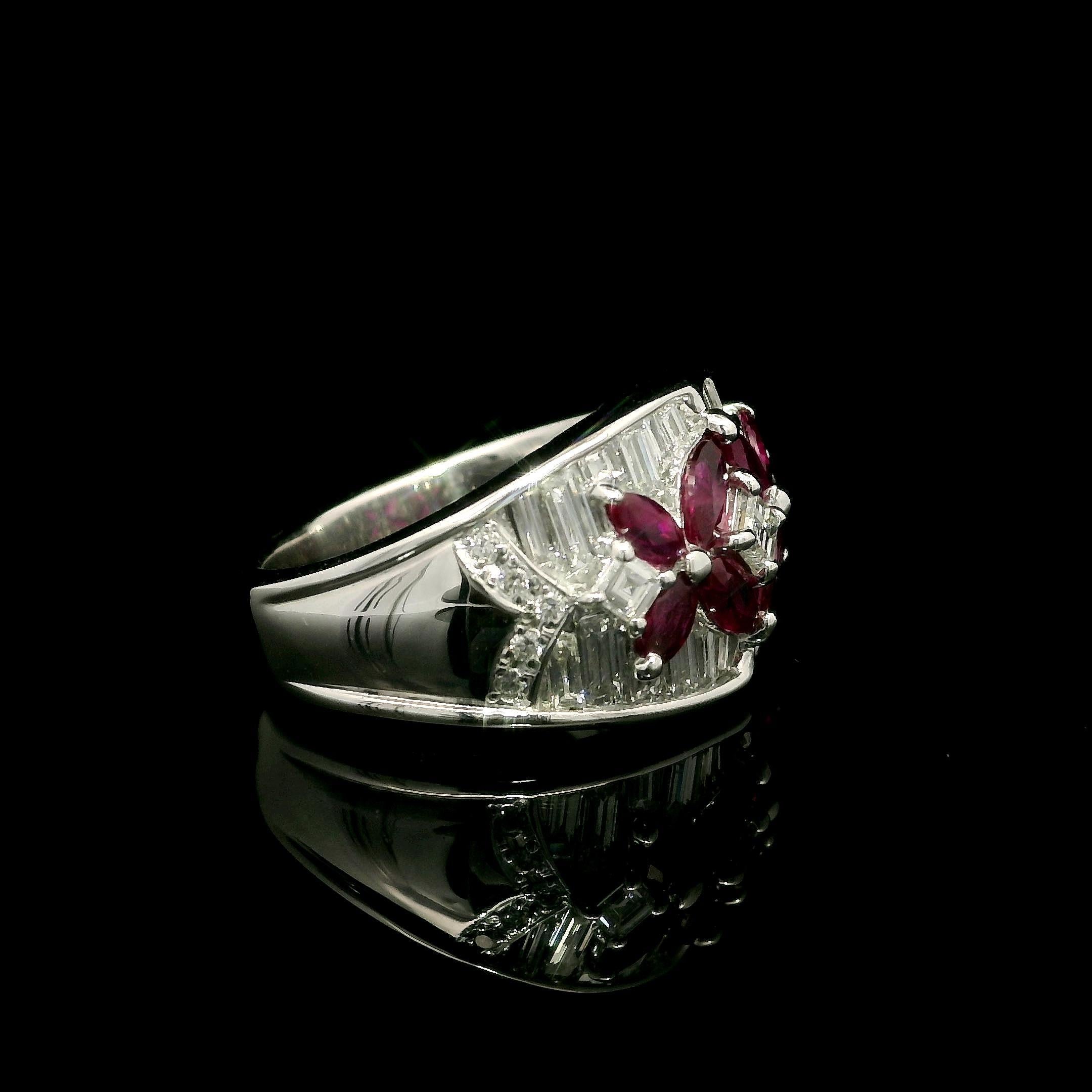 -- Stone(s):--
(8) Natural Genuine Rubies - Marquise Cut - Prong Set - Rich Pinkish Red Color - 1.12ctw (exact - stamped)
Numerous Natural Genuine Diamonds - Asscher, Baguette & Round Brilliant Cut - Prong, Channel & Pave Set - F/G Color - VS1/VS2