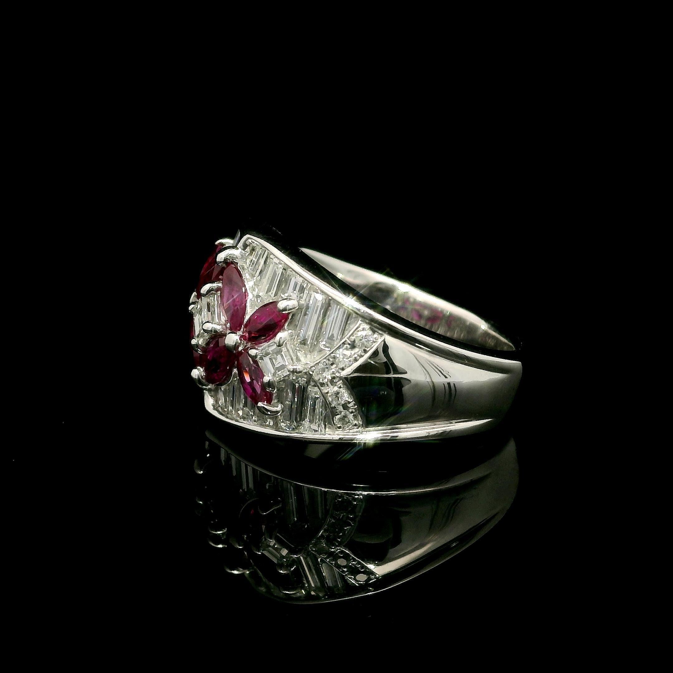 Marquise Cut Platinum 2.23ctw Marquise Ruby Baguette Diamond Wide Butterfly Floral Band Ring For Sale