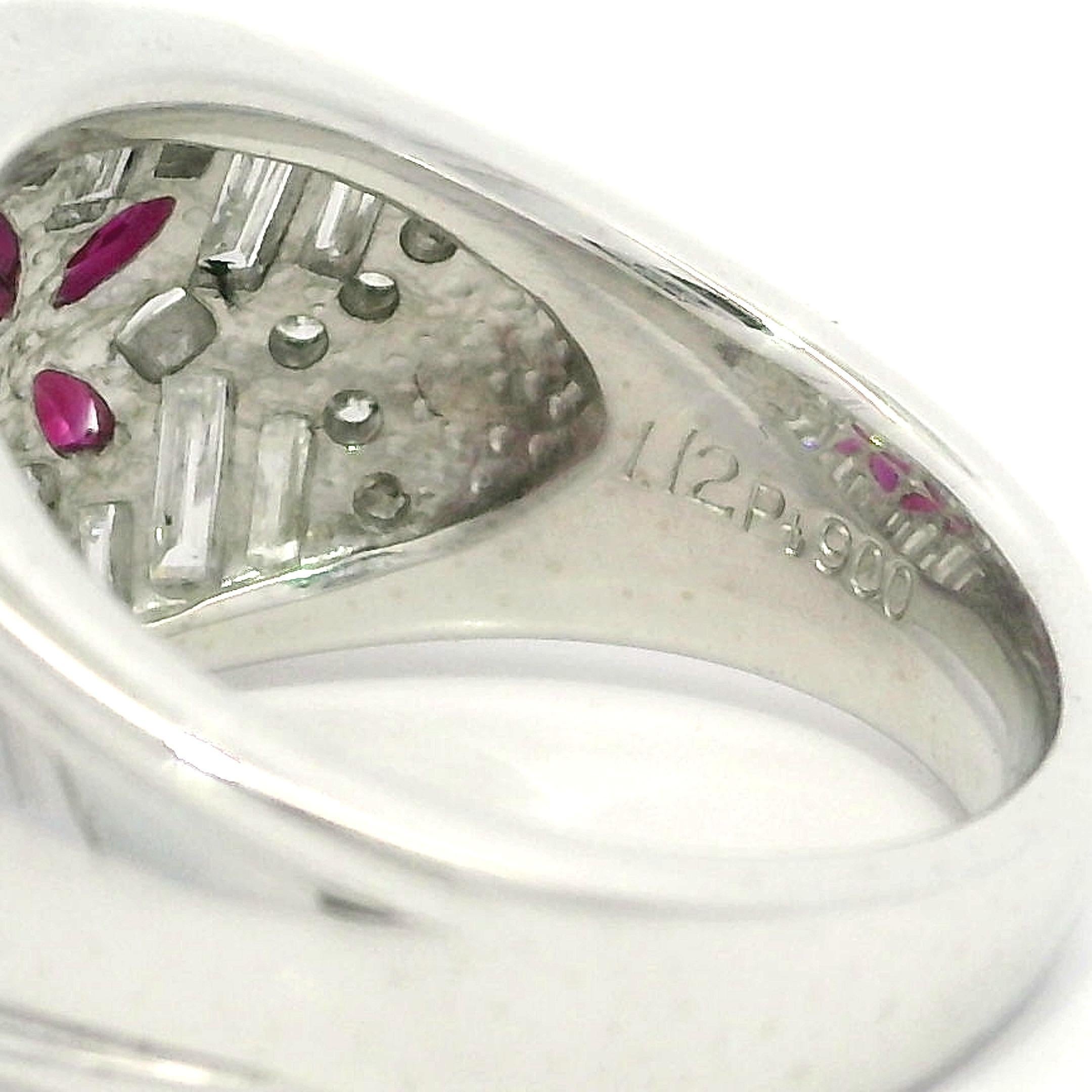 Platinum 2.23ctw Marquise Ruby Baguette Diamond Wide Butterfly Floral Band Ring In Excellent Condition For Sale In Montclair, NJ
