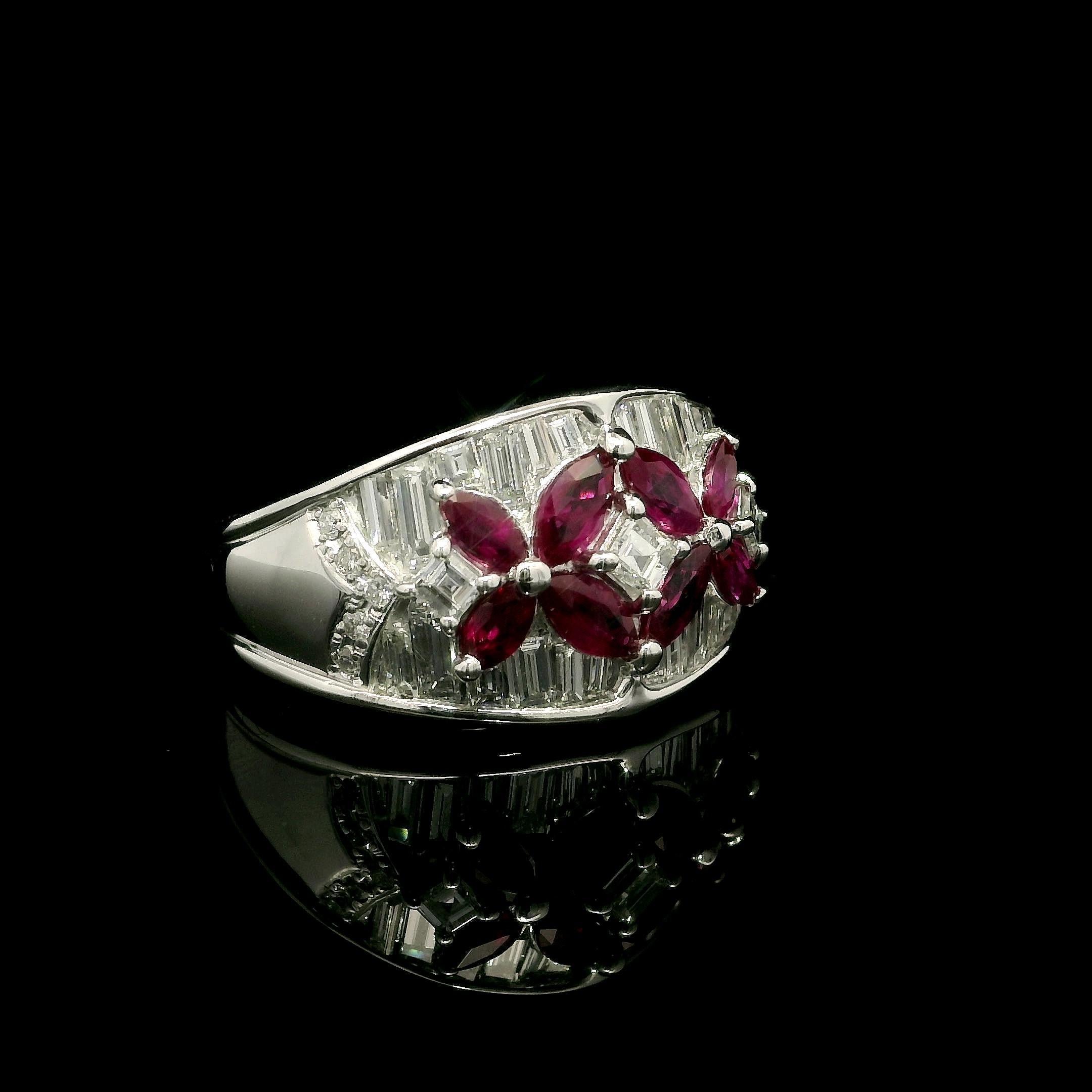 Women's Platinum 2.23ctw Marquise Ruby Baguette Diamond Wide Butterfly Floral Band Ring For Sale