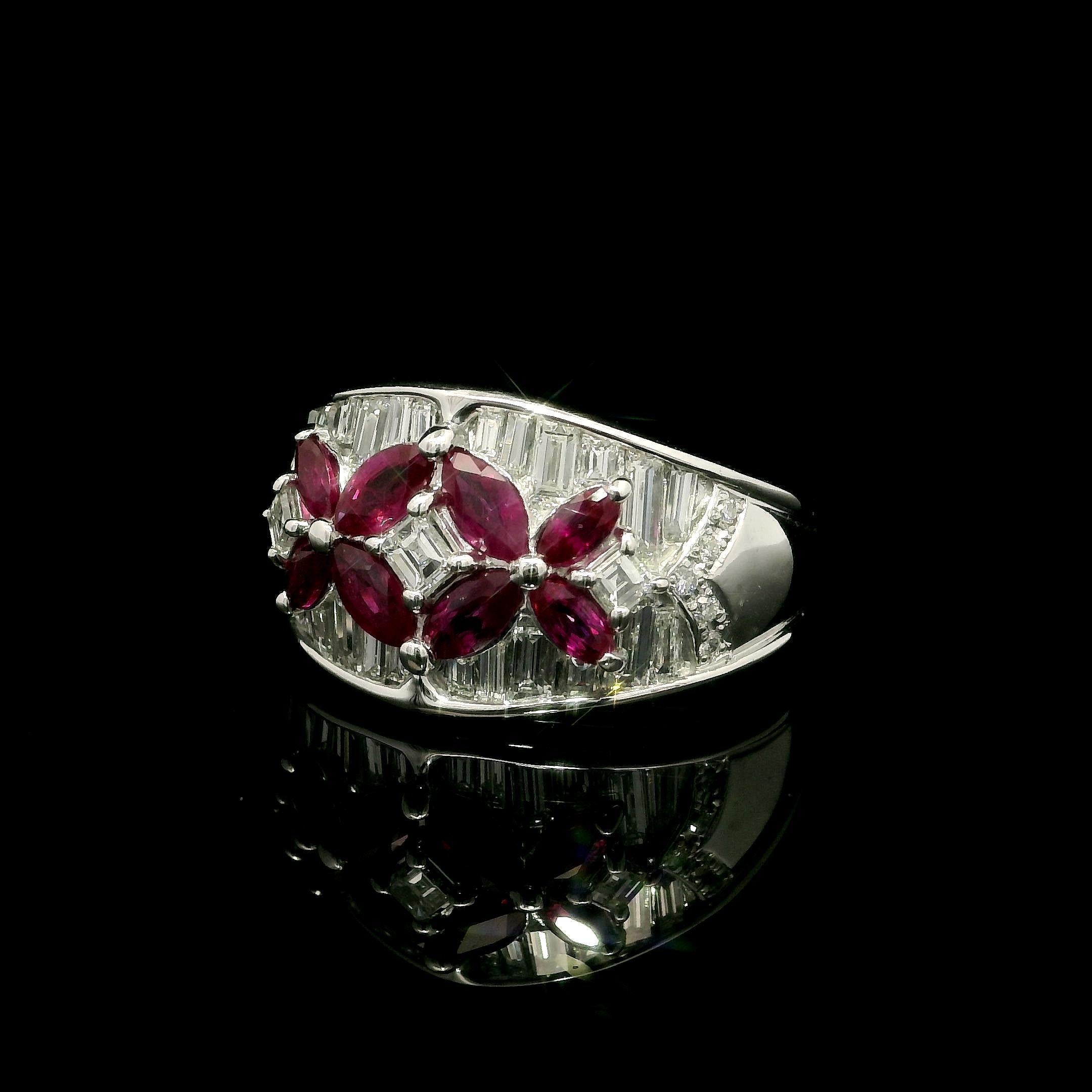 Platinum 2.23ctw Marquise Ruby Baguette Diamond Wide Butterfly Floral Band Ring For Sale 2