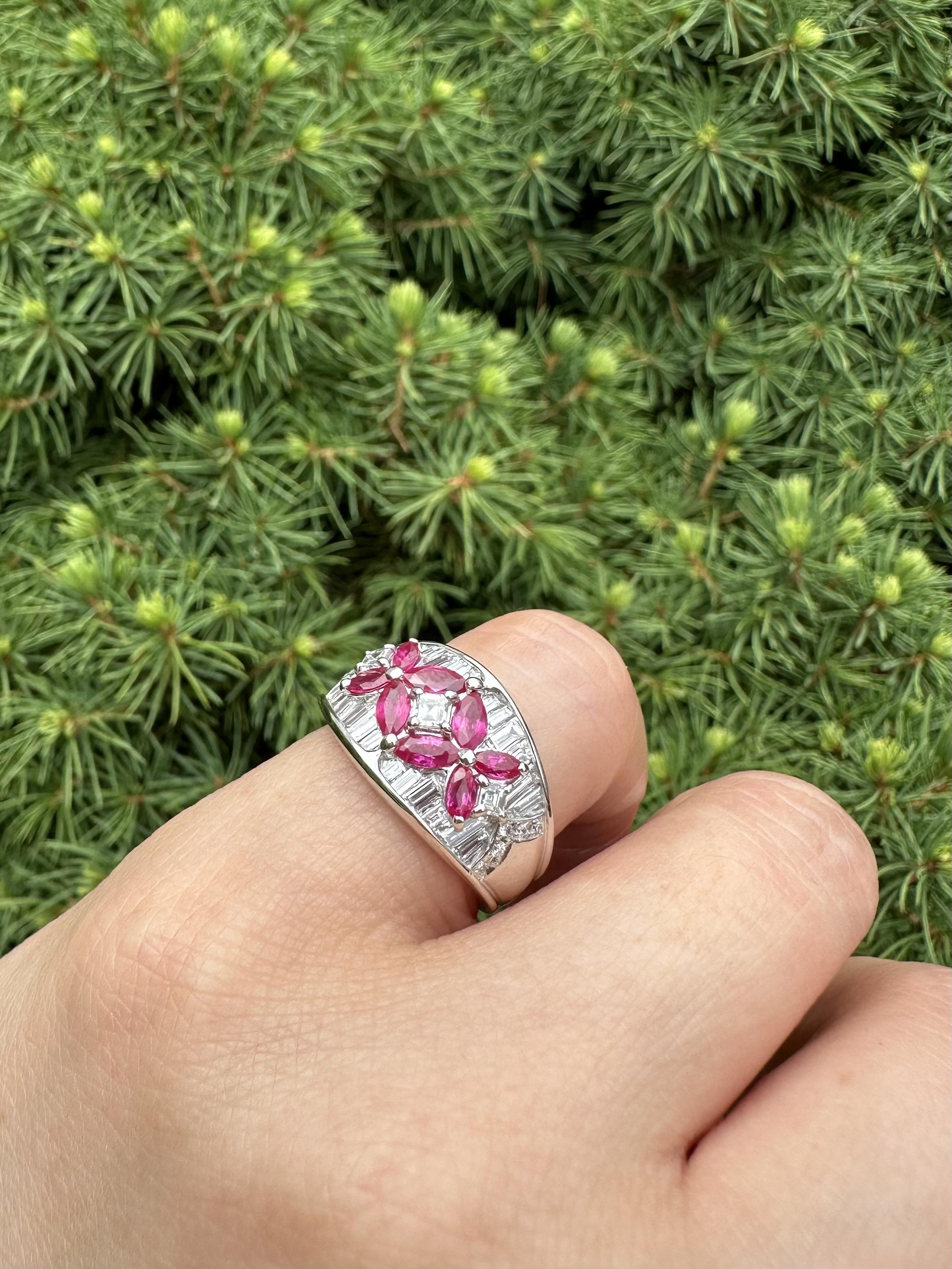 Platinum 2.23ctw Marquise Ruby Baguette Diamond Wide Butterfly Floral Band Ring For Sale 3