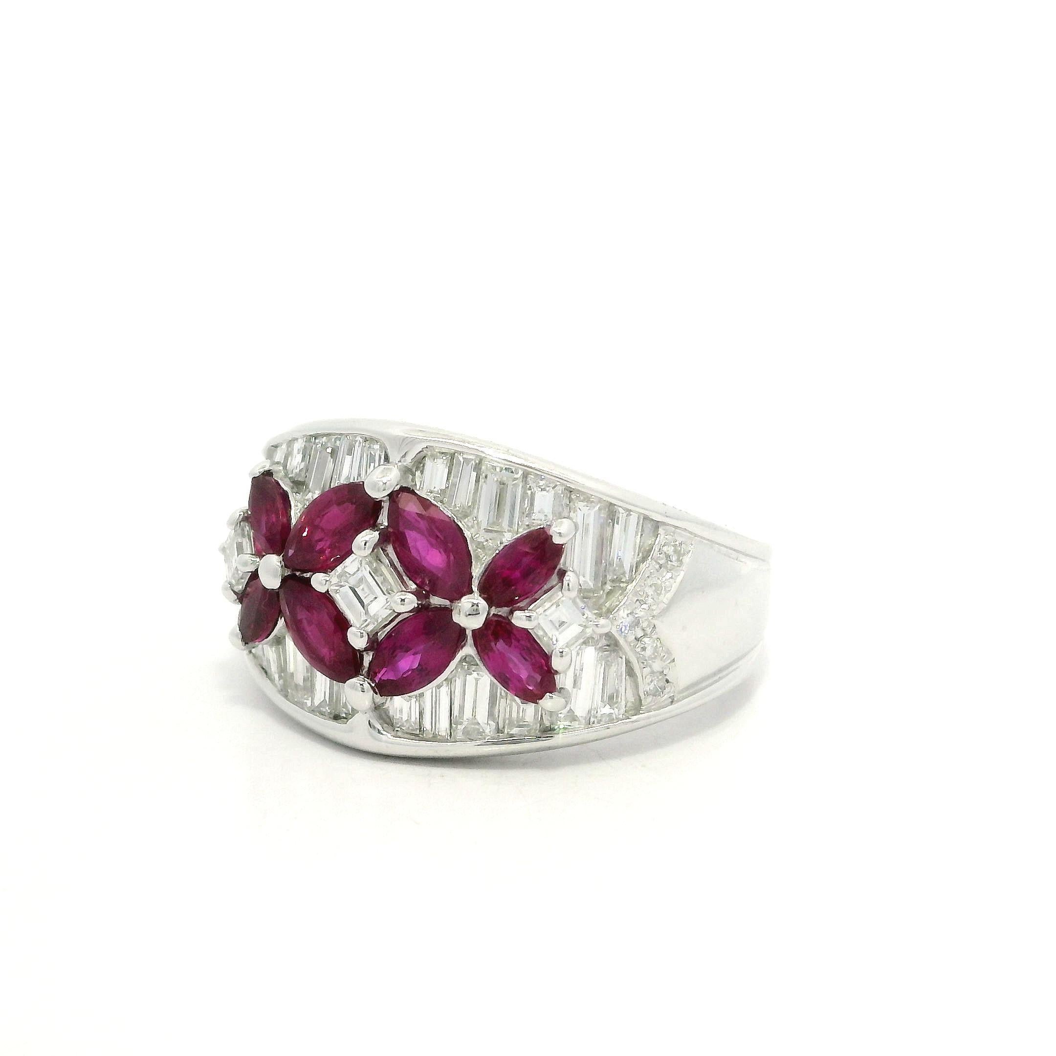 Platinum 2.23ctw Marquise Ruby Baguette Diamond Wide Butterfly Floral Band Ring For Sale 4