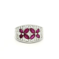 Platinum 2.23ctw Marquise Ruby Baguette Diamond Wide Butterfly Floral Band Ring