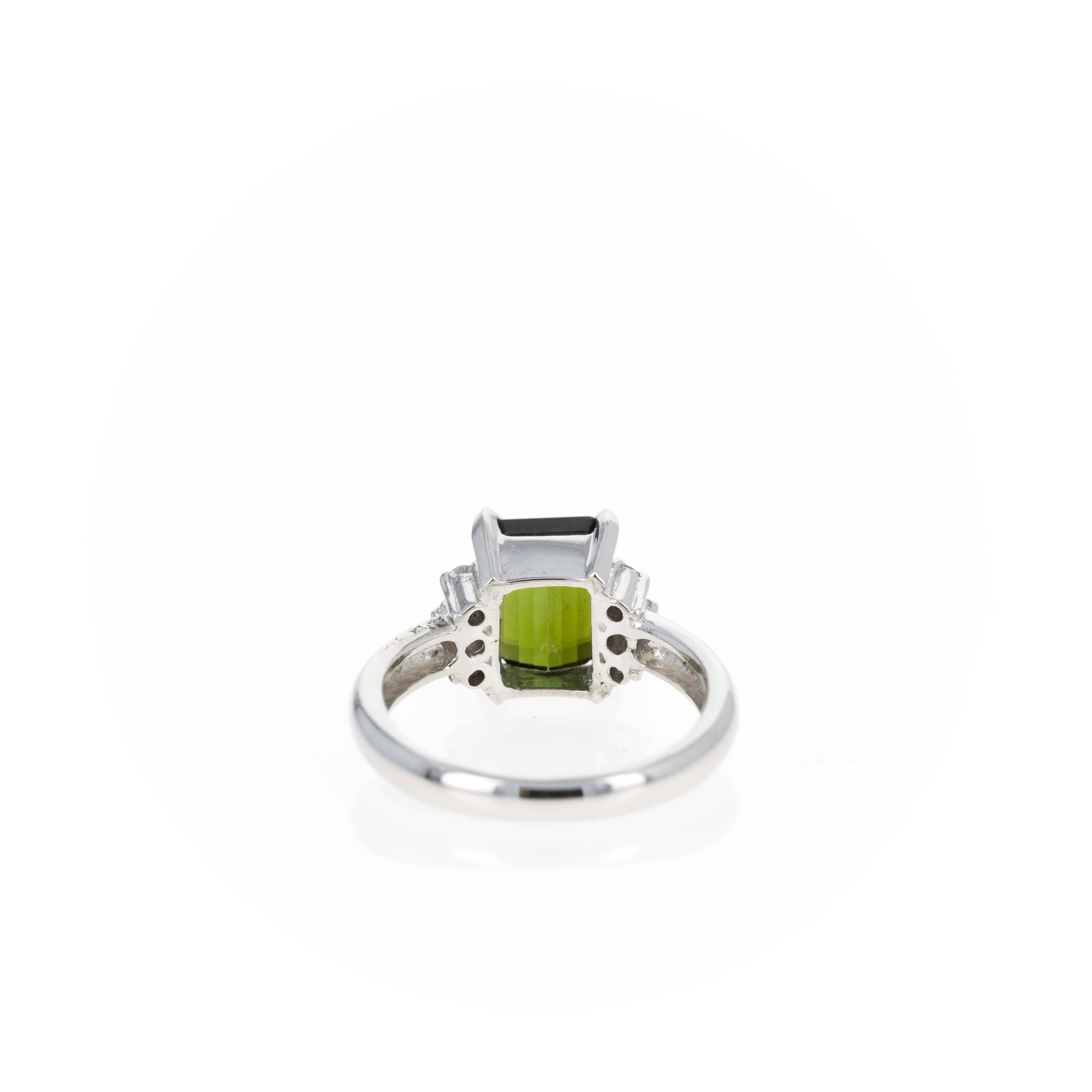 Emerald Cut Platinum 2.26 Carat Green Tourmaline Diamond Ring For Sale