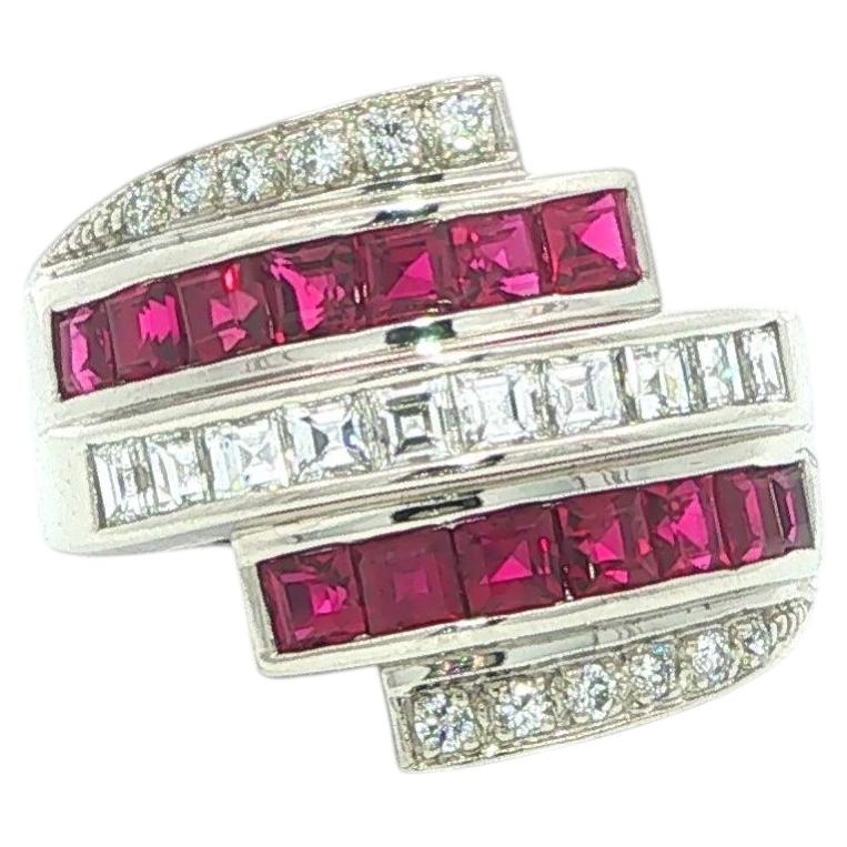 Platinum 2.27ctw Ruby & Diamond Multi Row Wide Bypass Stack Look Band Ring