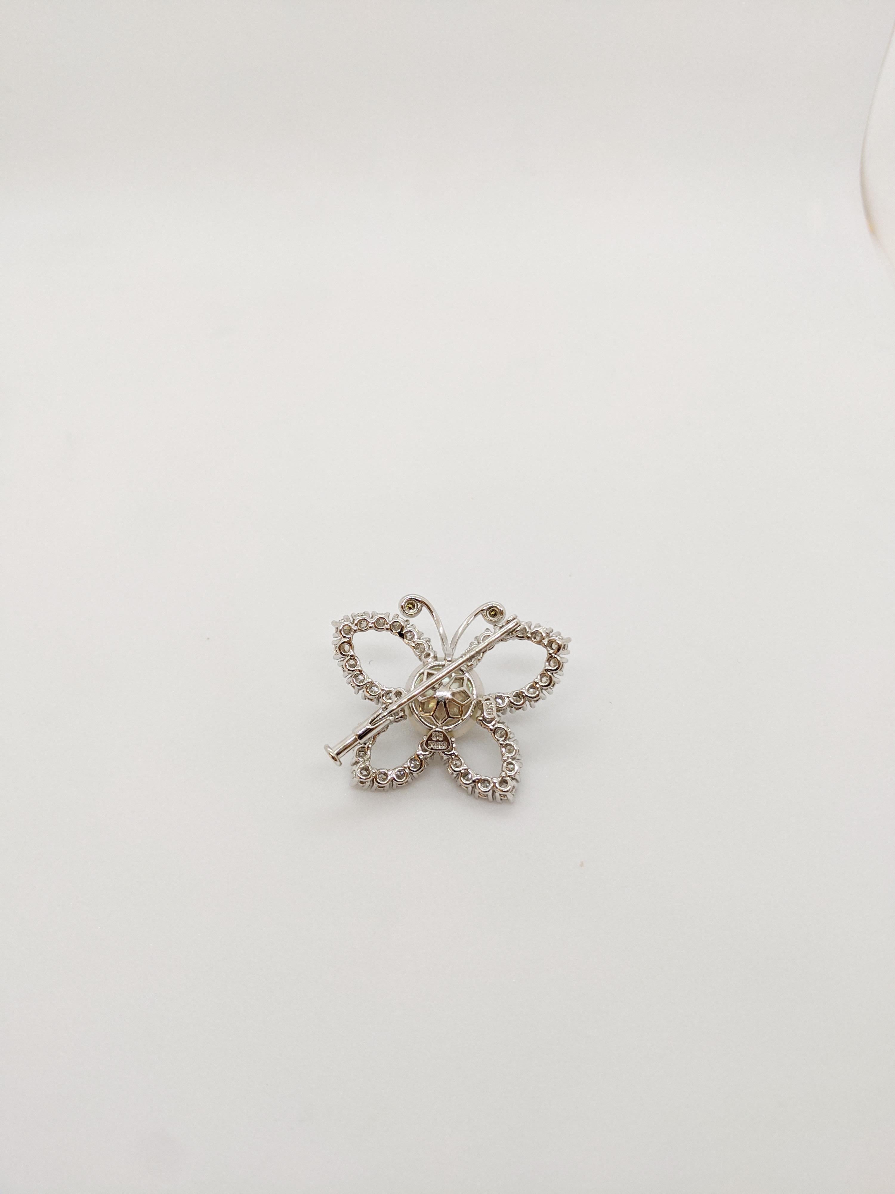 Round Cut Platinum and 2.29 Carat Diamond Butterfly Brooch with South Sea Pearl Center For Sale